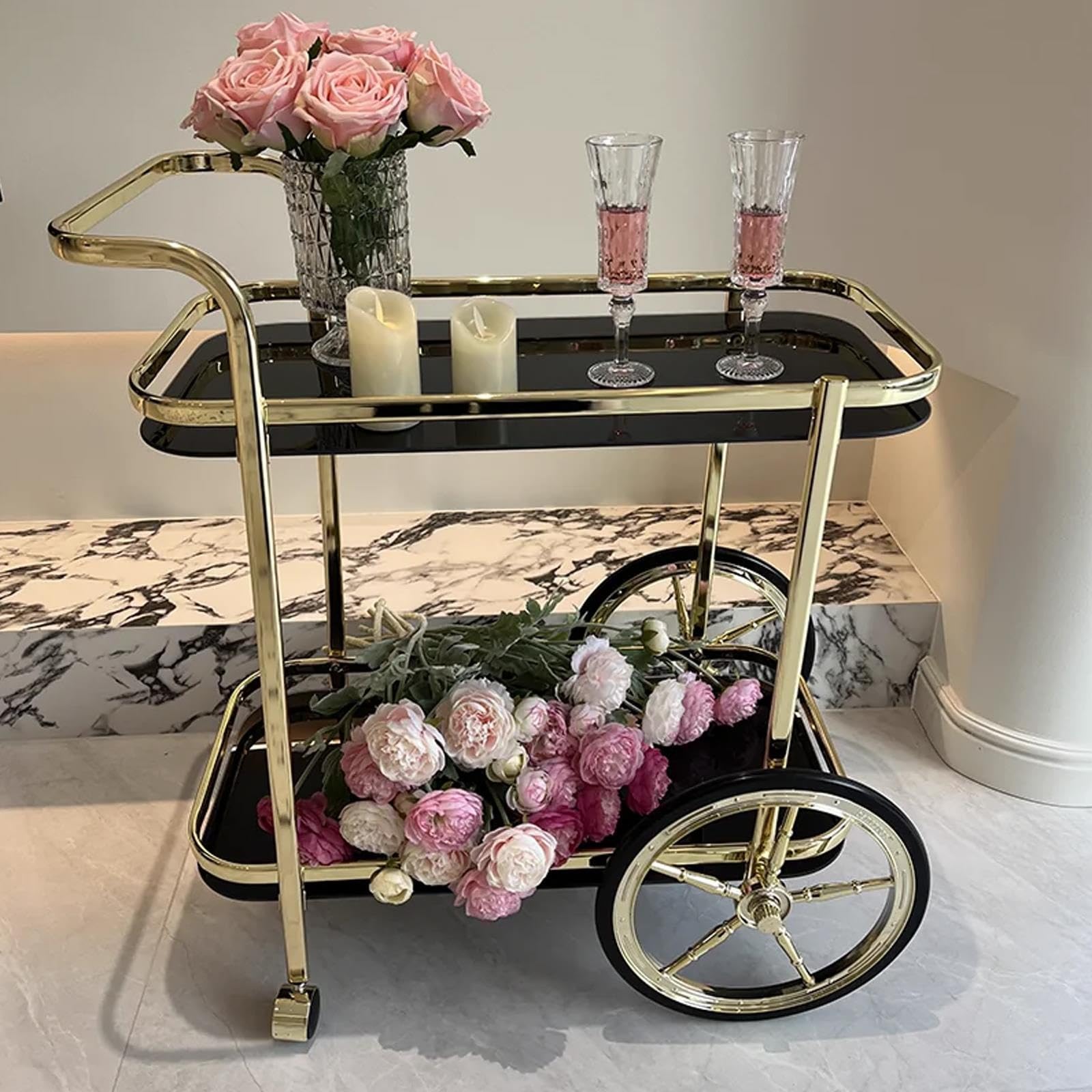 Chariot de Bar à 2 Niveaux avec Grandes Roues, Porte Bouteille de Vin
