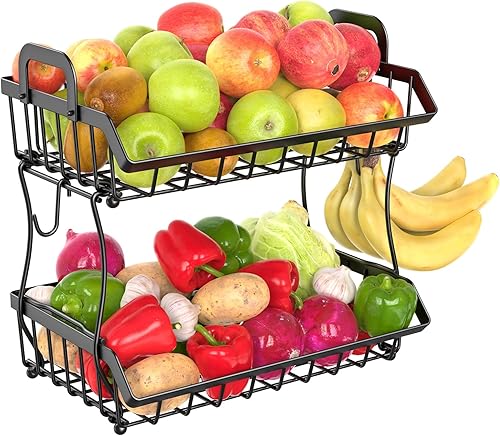 Cesta de frutas de 2 niveles para cocina, soporte de frutero de encimera, cesta de almacenamiento de verduras con 2 ganchos para plátanos, cesta