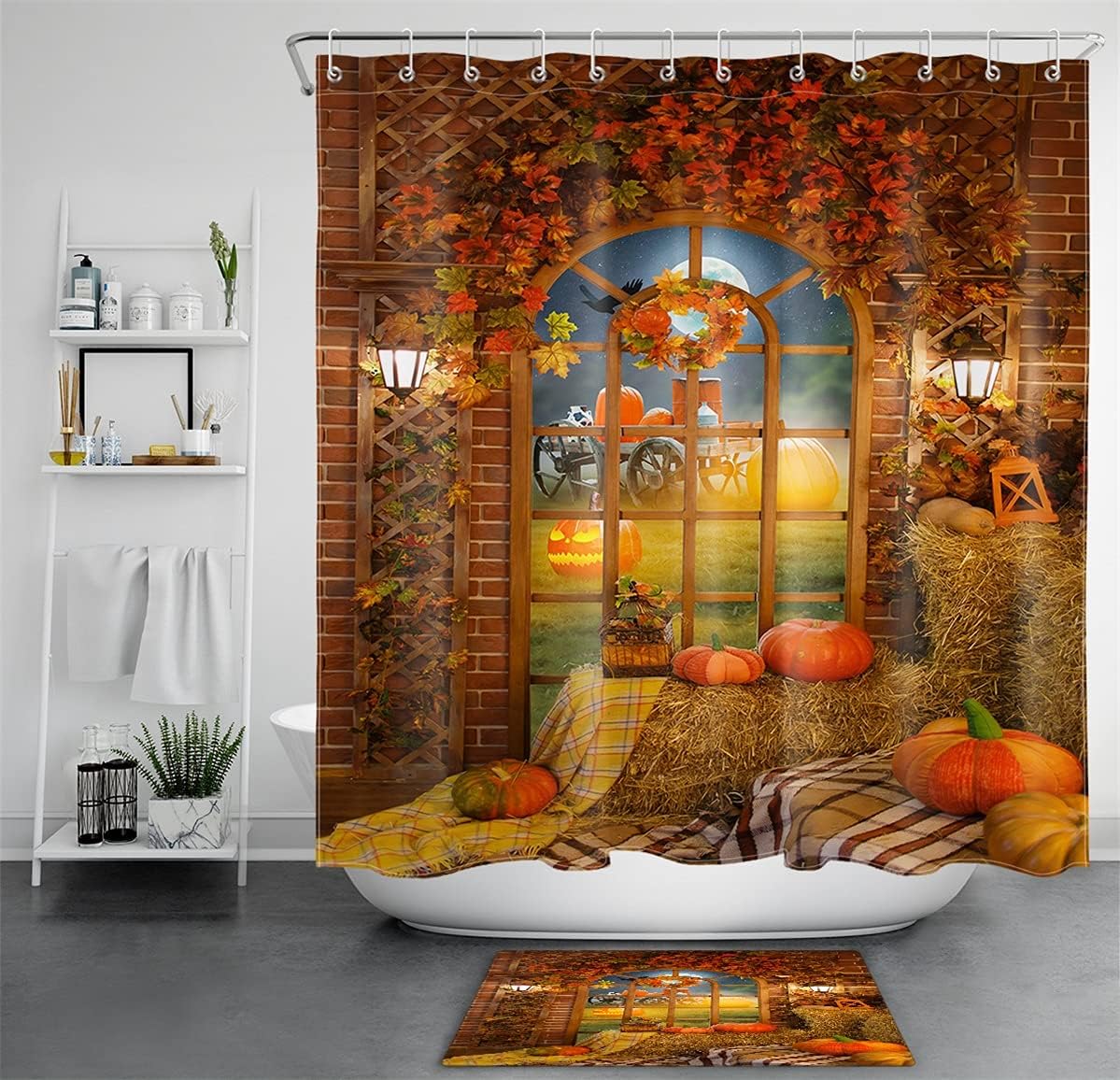 HVEST Fall Halloween Shower Curtain Sets with Rugs Harvest Autumn Maple Leaves Thanksgiving Shower Curtains Horror Pumpkin Lantern Crow Full Moon Bathroom Curtain Polyester Fabric 12 Hooks 69X70Inches