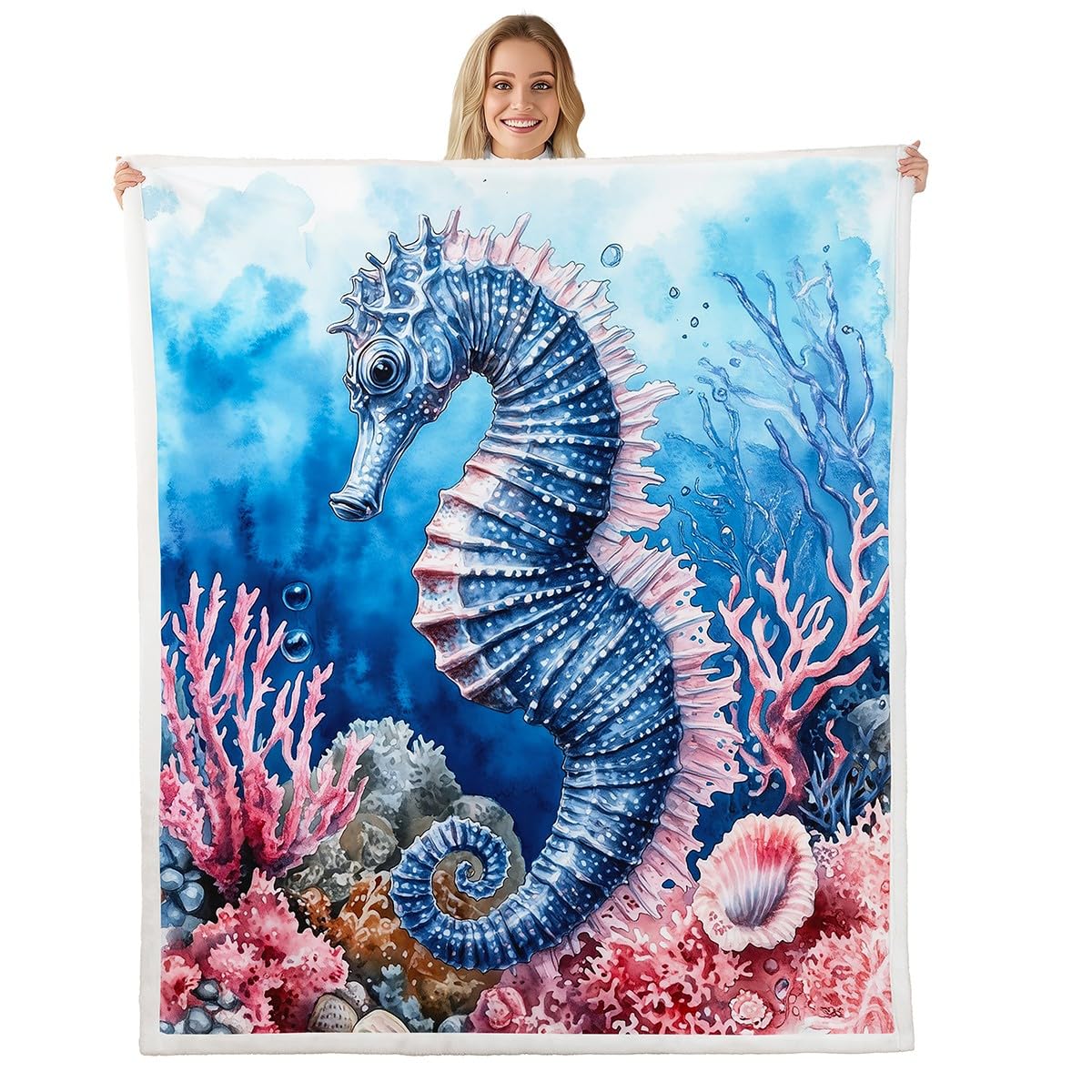 Couverture en flanelle motif hippocampe tapis lit enfant bleu rose