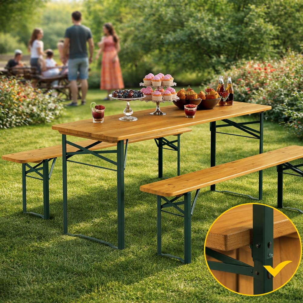 BAKAJI Set 3 Pezzi Birreria con Tavolo Pieghevole e Panche da Esterno, Struttura in Acciaio Comoda, Seduta Ergonomica e Resistente, Ideale per Giardino, Bar, Campeggio, Sagra (170 cm)