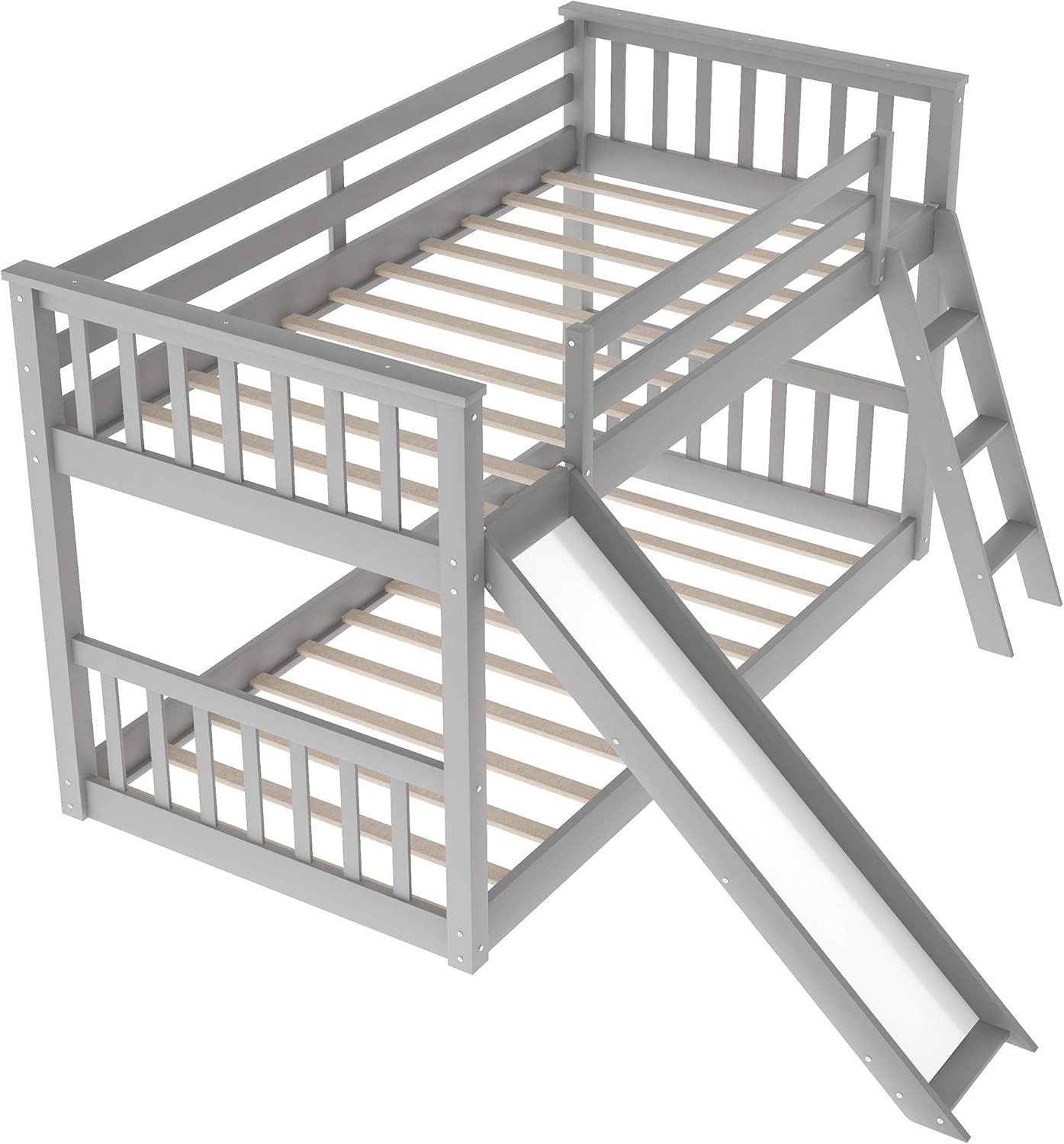 Harper & Bright Designs Bunk Bed with Slide for Kids, Low Profile Kids Bunk Bed Twin Over Twin Size with Angled Ladder, No Box Spring Needed (Grey (Bunk with Ladder))