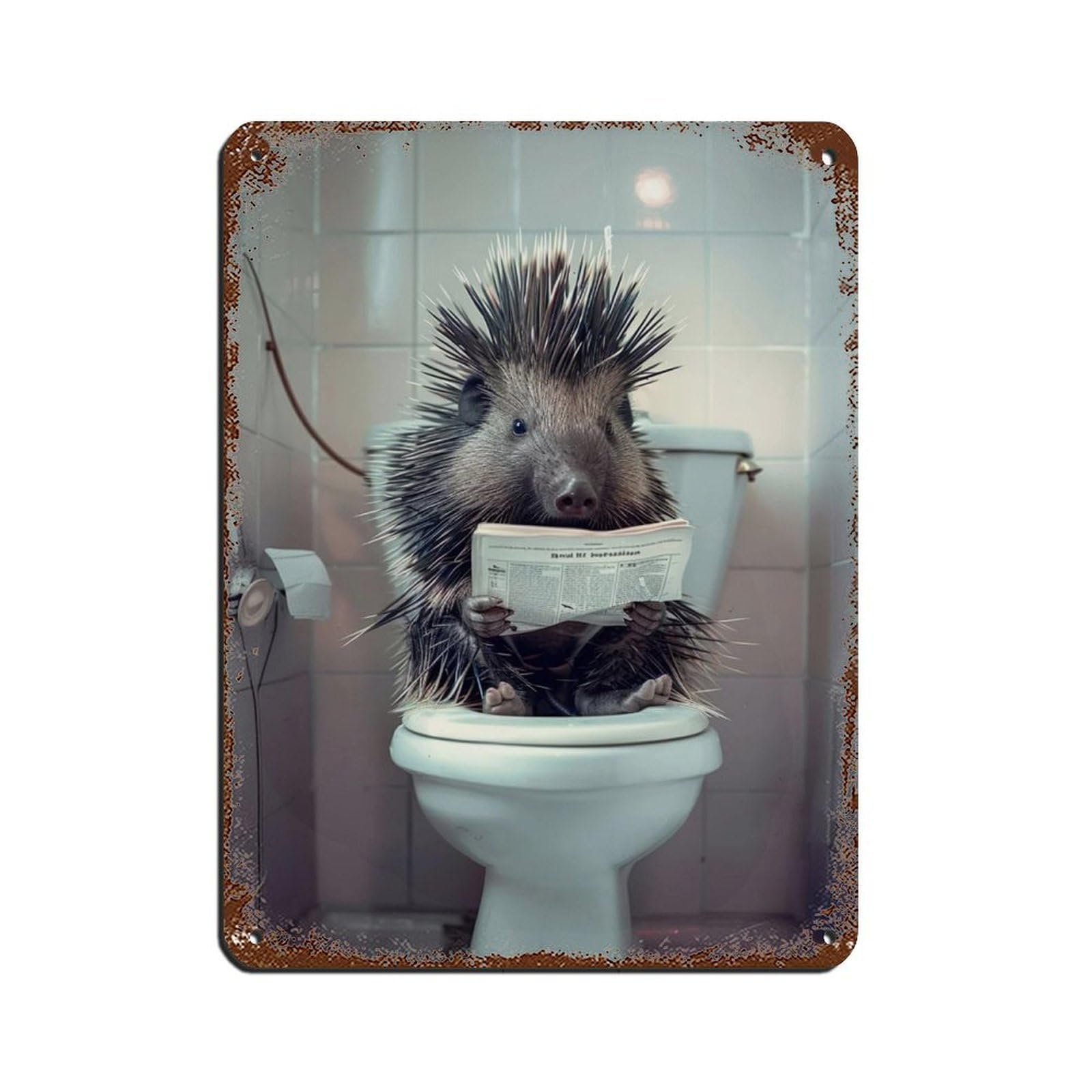 Porcupine Sitting on The Toilet Reading A Newspaper (13) Tin Sign Vintage Metal Pub Club Cafe Bar Home Wall Art Decoration Poster Retro 12x16inch(30x40cm)