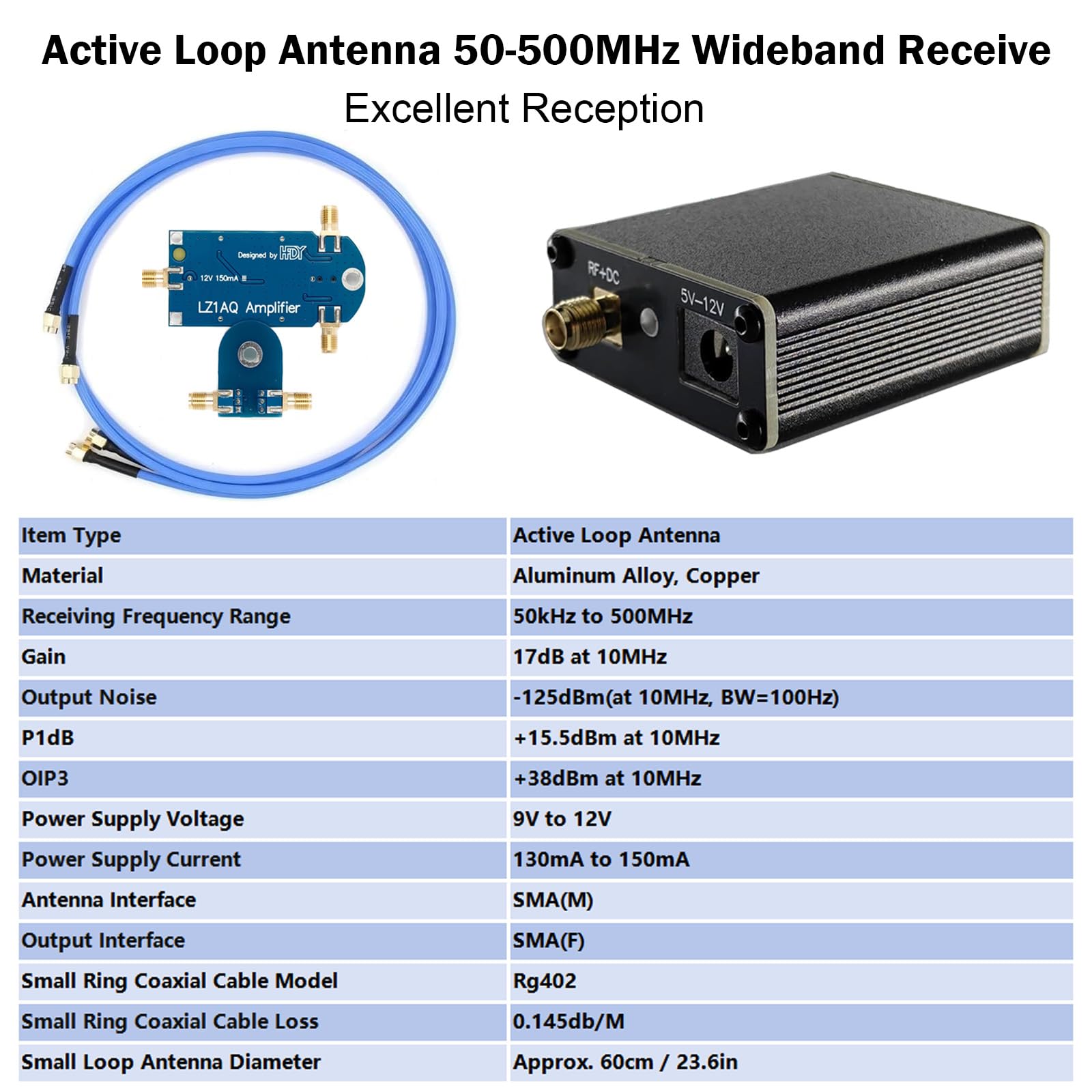 AURSINC Antena de bucle activo portátil - Antena de onda corta 50 KHz 500 MHz HF AM FM VHF UHF Antena de bucle magnética para Radio Amateur (amplificador mejorado)