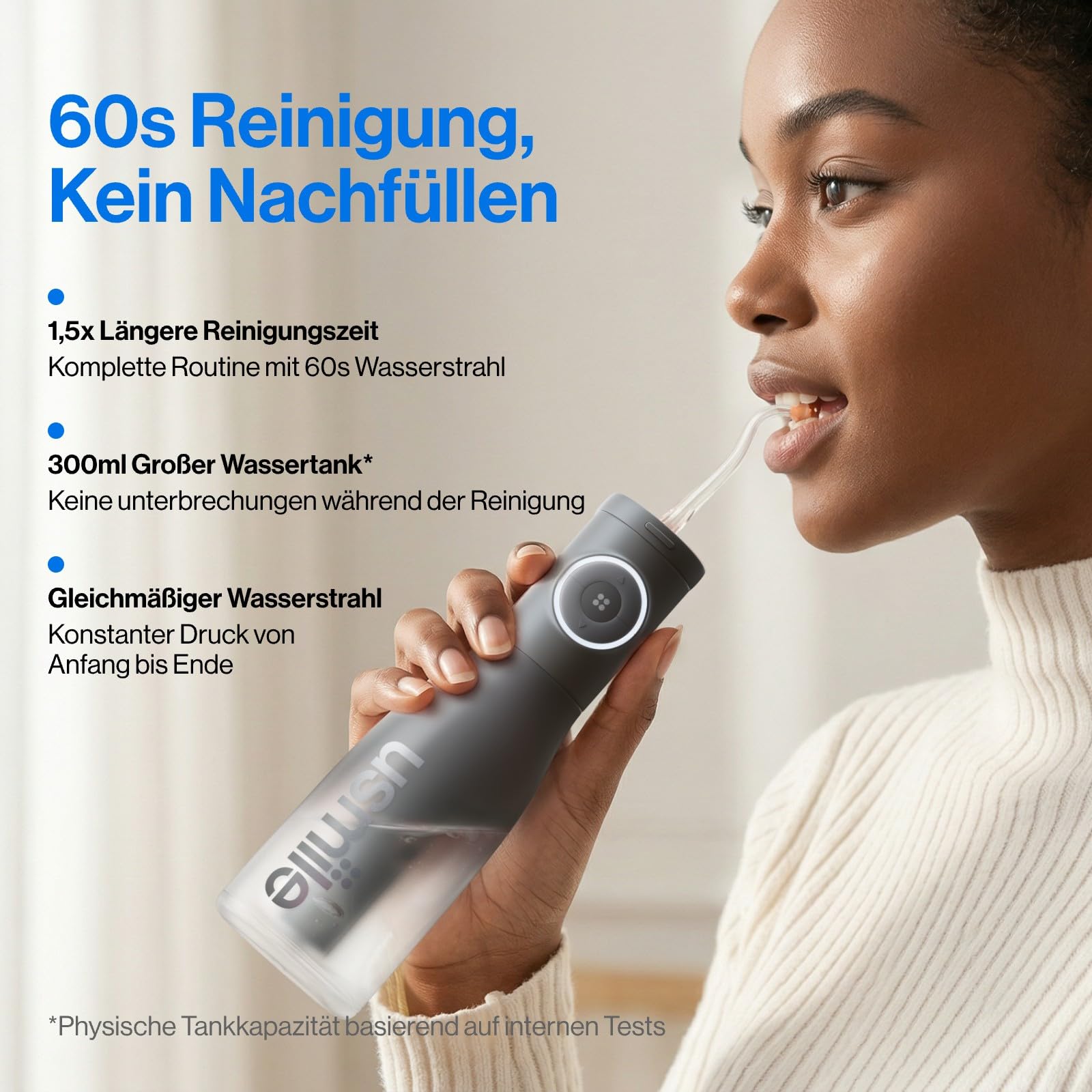 usmile C30 Tragbare Munddusche Kabellos, 300 ml Wassertank, 5 Druckstufen, S-Düsen für Zahnspangen & Invisalign, USB-C wiederaufladbar, IPX7 wasserdicht, Schwarz