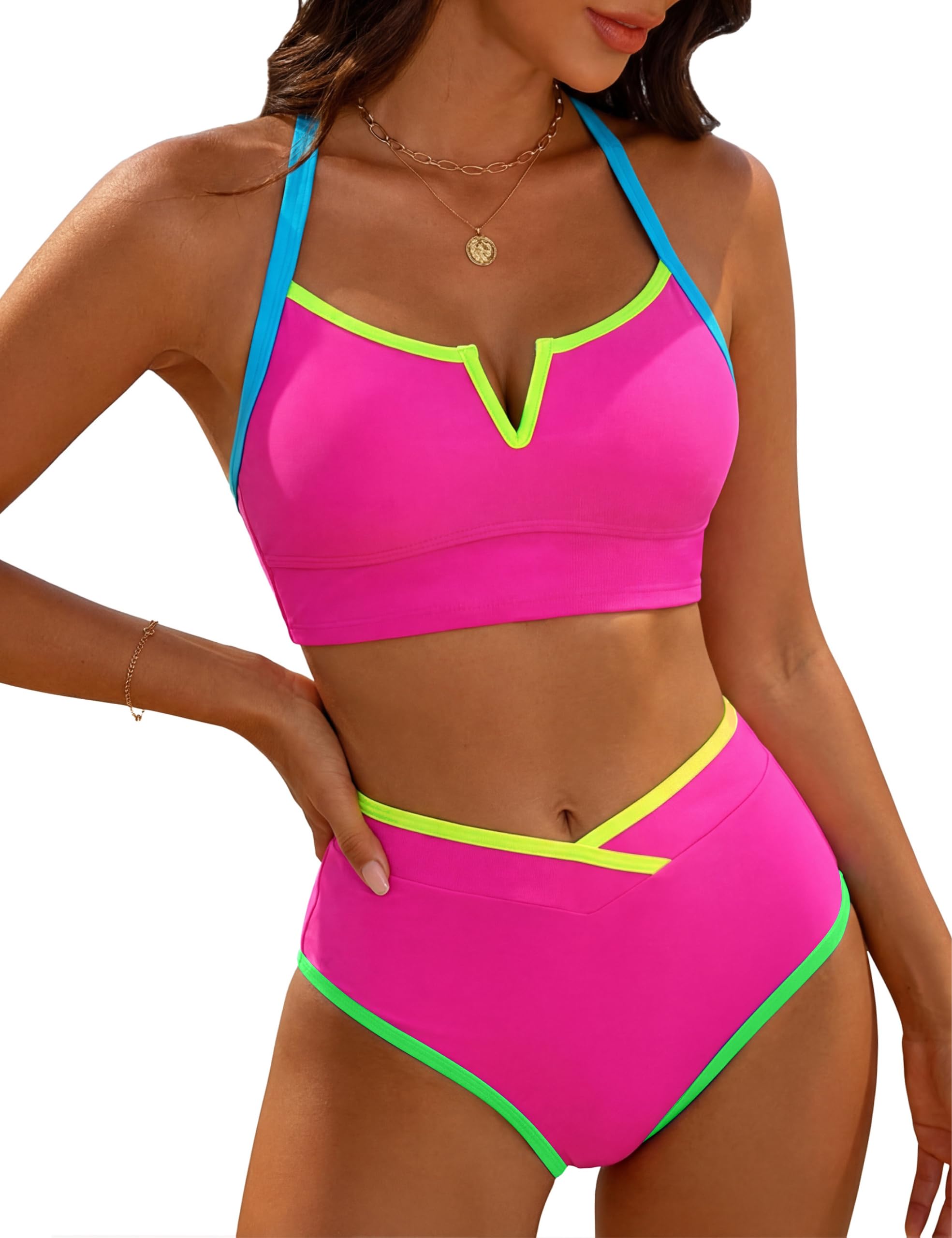 BMJL Women's Neon Trim High Waisted Bikini