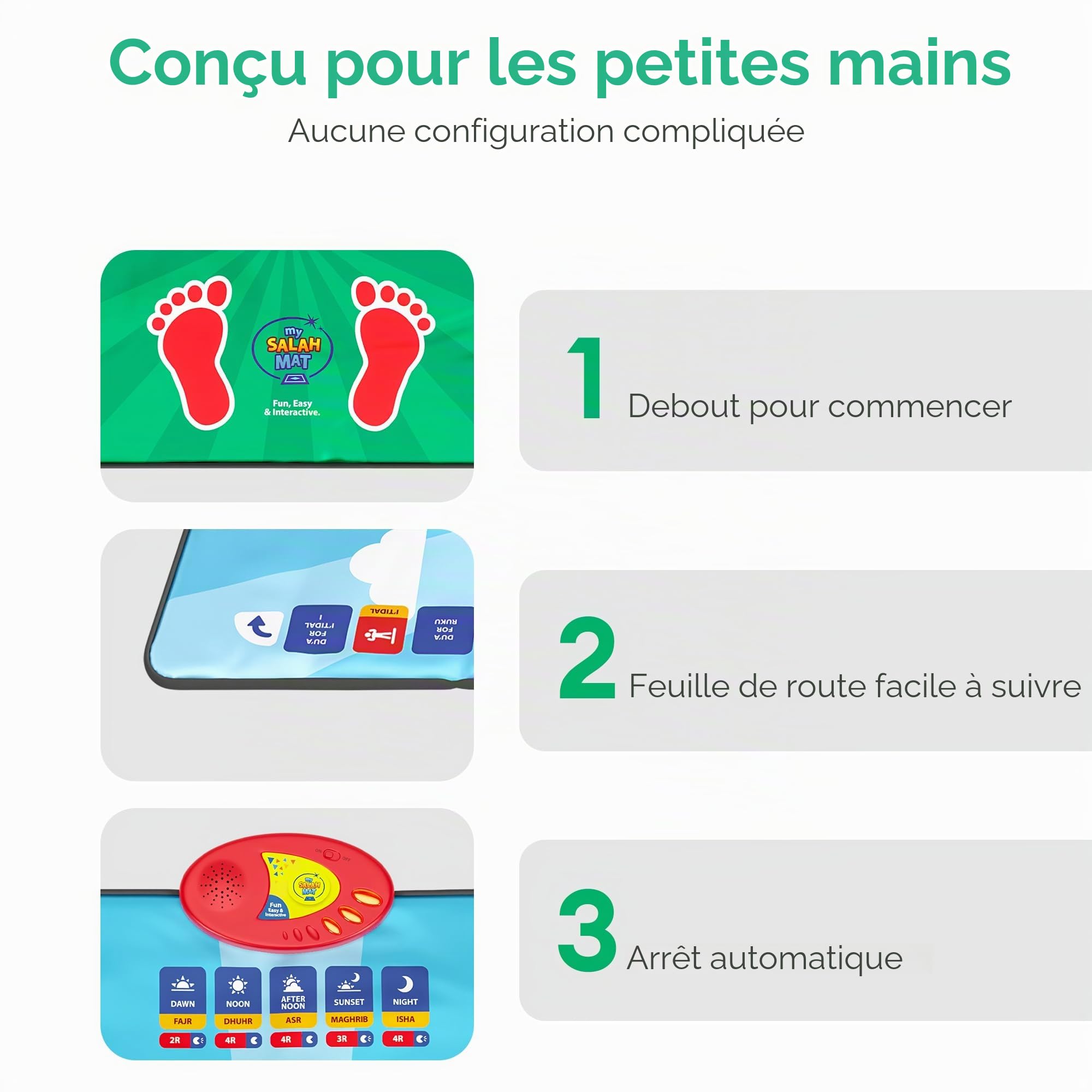 My Salah Mat Tapis de prière interactif Intelligent pour Apprendre la Salah, la sourate, Le wudu et Le duas – Tapis de prière Islamique avec 10 Langues, Traduction de Salah, 25 Touches tactiles et