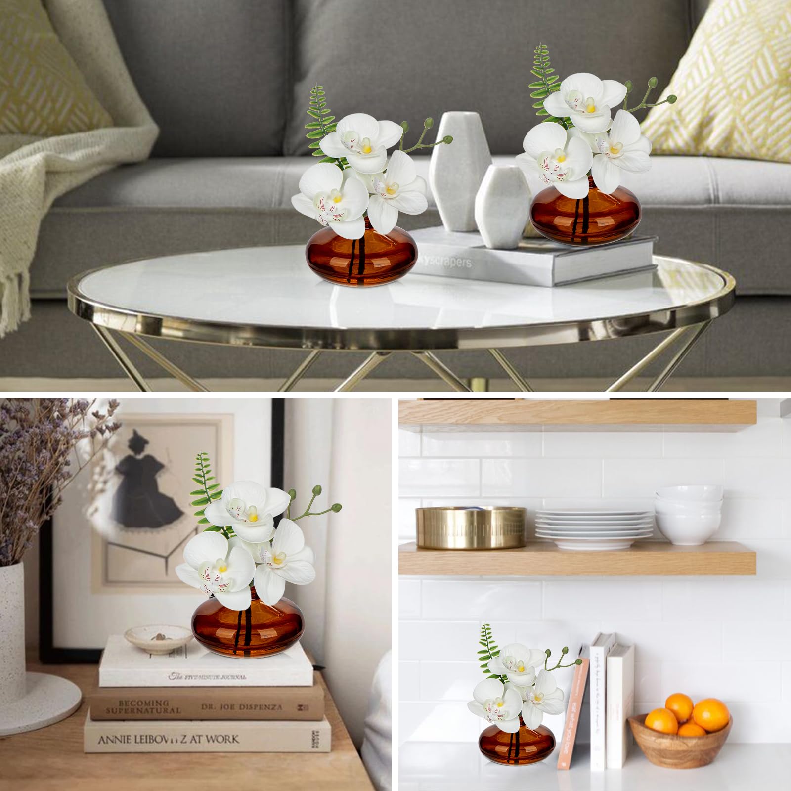 Briful Set of 3 Artificial Orchids in Amber Glass Vase - Image 4