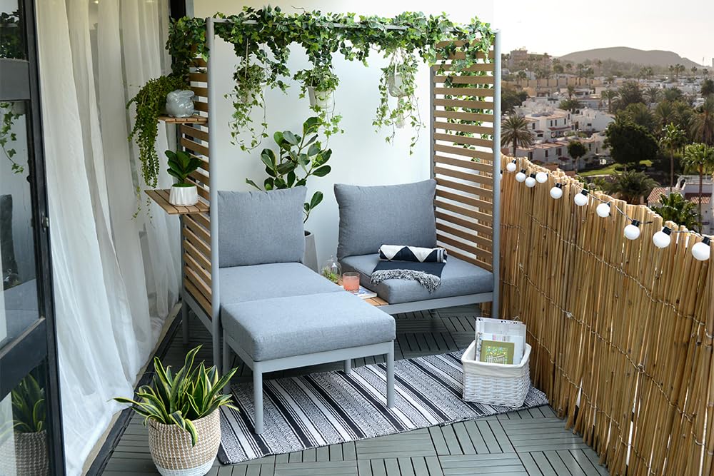 Riess Ambiente Outdoor Balkonlounge 2-Sitzer COCOONING anthrazit Aluminium Holz mit Hocker wetterfest