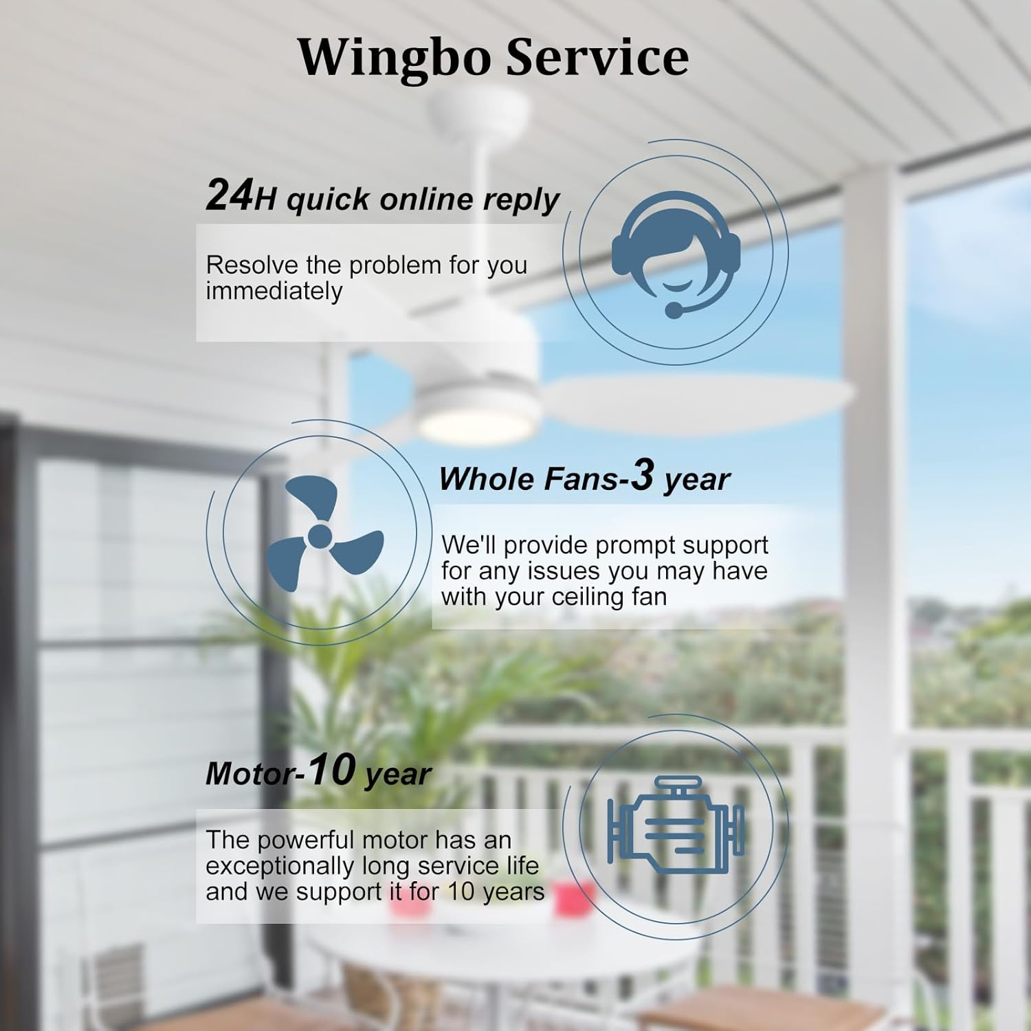 WINGBO 42" Outdoor Ceiling Fans with Lights, Wet Rated Waterproof Indoor Ceiling Fan with Remote, 3 ABS Blades Modern Ceiling Fan,3CCT Quiet 6-Speed DC Motor, for Porch Patios Bathroom, White