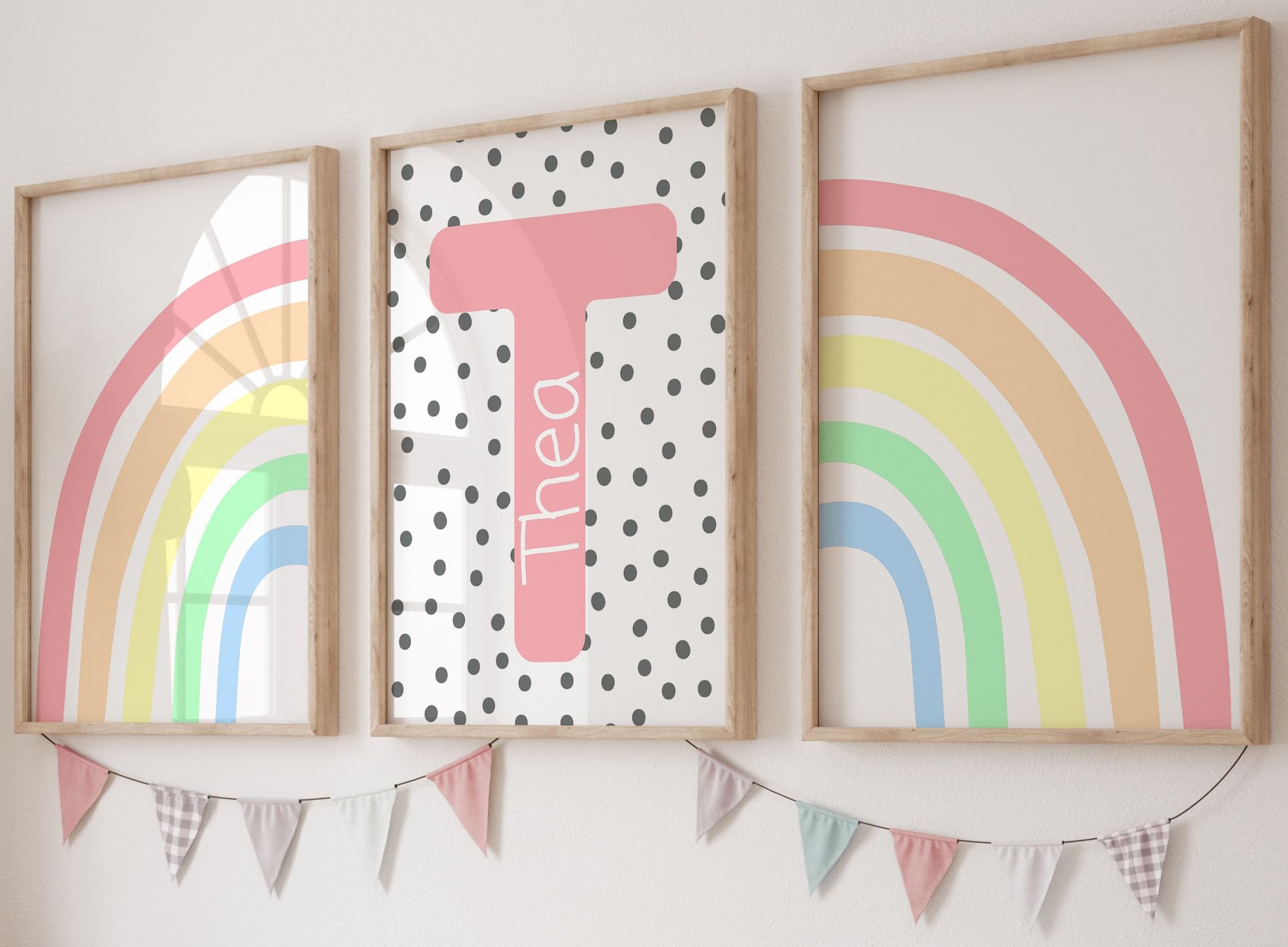 Eviepops Prints Rainbow Set of 3 Personalised Unframed Poster Prints, Girls Boys Nursery Decor Wall Art, Playroom Poster, Bedroom Prints, Pastel Rainbow Blue Polka Dot (A5)