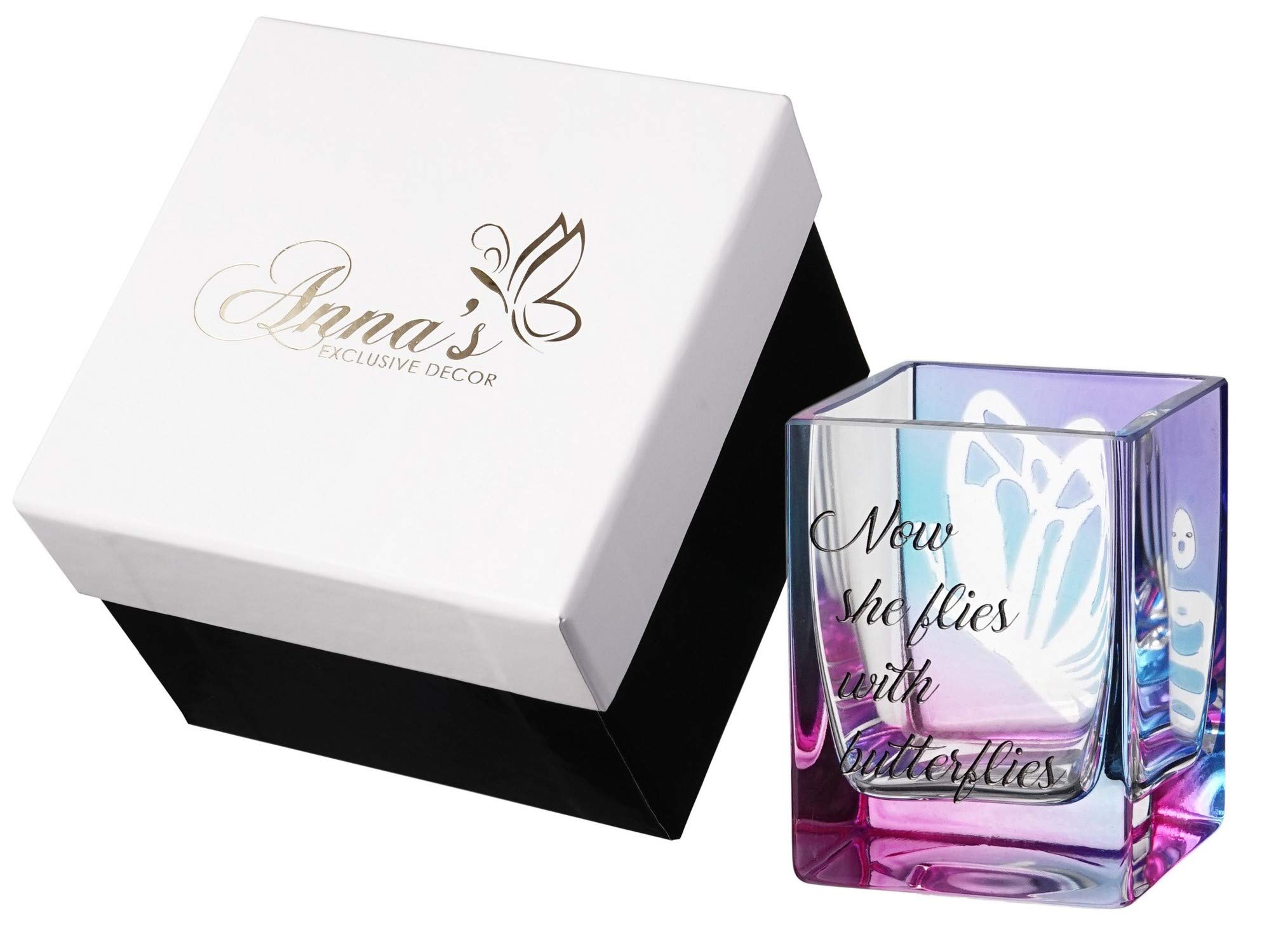 Anna's Exclusive Decor Bereavement Gift - Glass Tealight Candle Holder with Painted Butterflies for Funeral - Handmade Remembrance Gift - Satin Lined Gift Box - Purple Pink 3.2 in (8 cm)