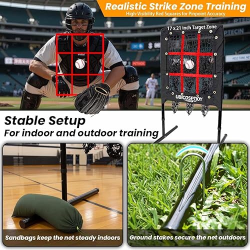 Miniatura 2 de Red de lanzamiento de béisbol y sóftbol de 9 agujeros con zona de ataque, altura ajustable de hasta 45 pulgadas, red resistente de 7 capas, marco