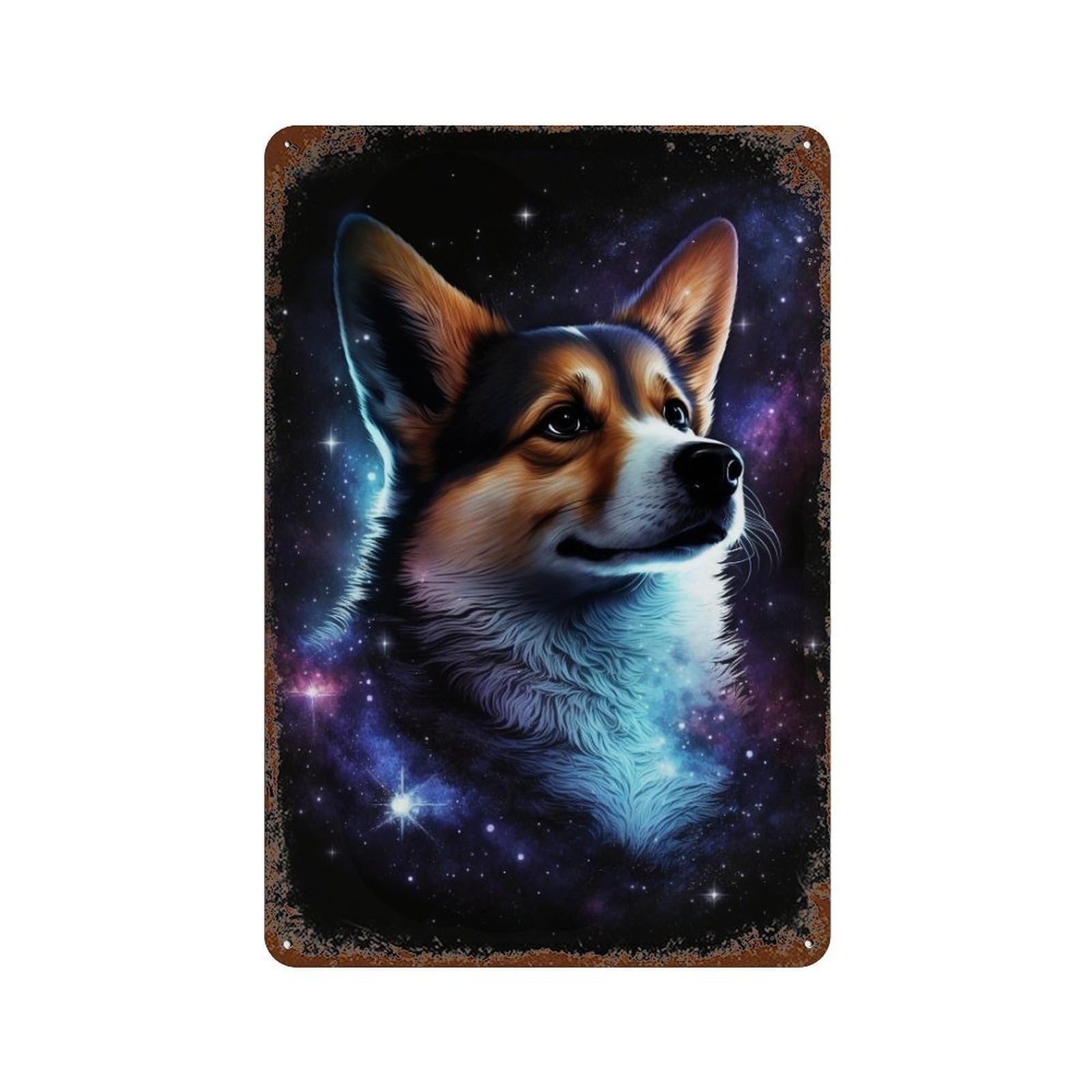 Space Corgi Portrait Art Print Aged Metal Wall Plaque 11.8"x7.9", for Office, Studio And Wall Decor, Novelty Wall Decor
