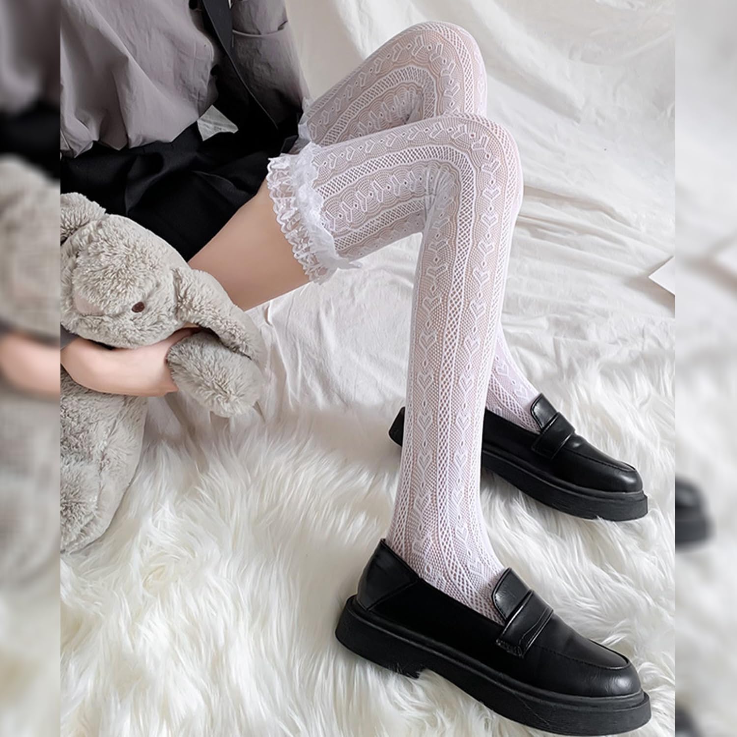 Thigh High Stockings with Bow, Santa Accessory Y2K Fishnet Socks with Lace Brim Lingerie Tights for Women