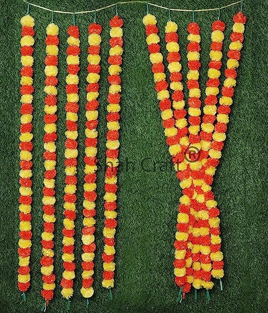 Shah Crafts Artificial Marigold Garland Flower Toran Pack Of 20 Multi Color Phool Mala For Home Temple Decoration Diwali Pooja Indian Wedding, Outdoor Indoor Fake Flowers 5 Feet Each Strings