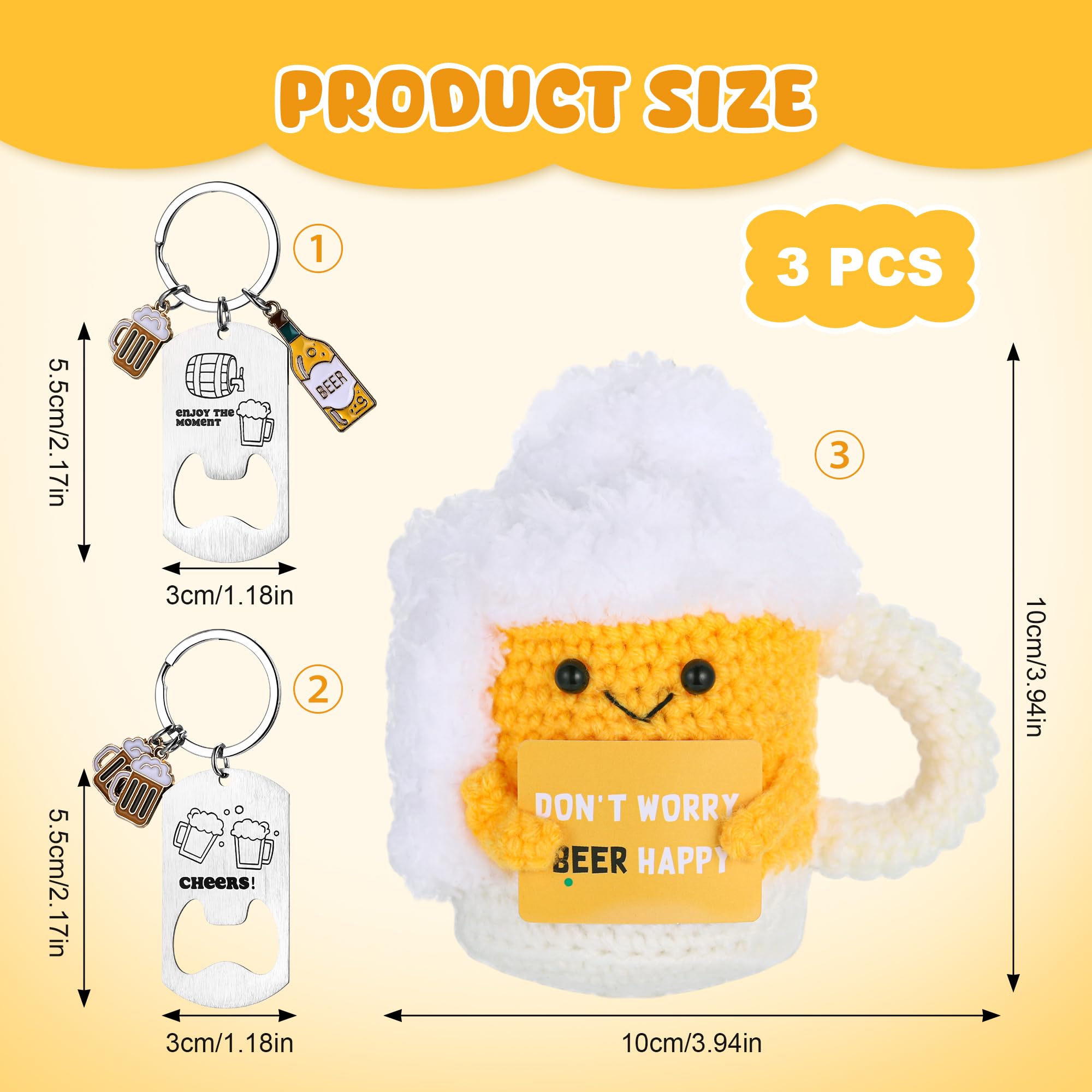Regalo Cerveza Positiva Divertida, Muñecos de Ganchillo Jarra Cerveza con Tarjeta Positiva y 2 Llaveros Abrebotellas, Regalo Creativo Ganchillo para Amantes Cerveza, Familia, Amigos