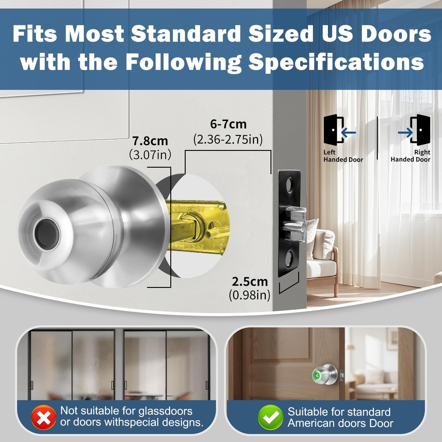 YFK Smart Fingerprint Door Lock for Bedroom, Keyless Entry Door Knob with Handle, Biometric Front Door Lock with App & Backup Keys for Home, Apartment, Office, Hotel (Silver)