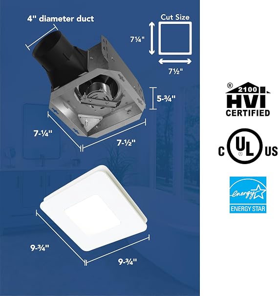 مروحة عادم الحمام Broan-NuTone مع ضوء LED سهلة التعديل بدون الوصول إلى العلية، هادئة 0.9 سون، تهوية فعالة عند 60 قدم مكعب في الدقيقة معتمدة من ENERGY STAR للتحكم في الرطوبة والرائحة