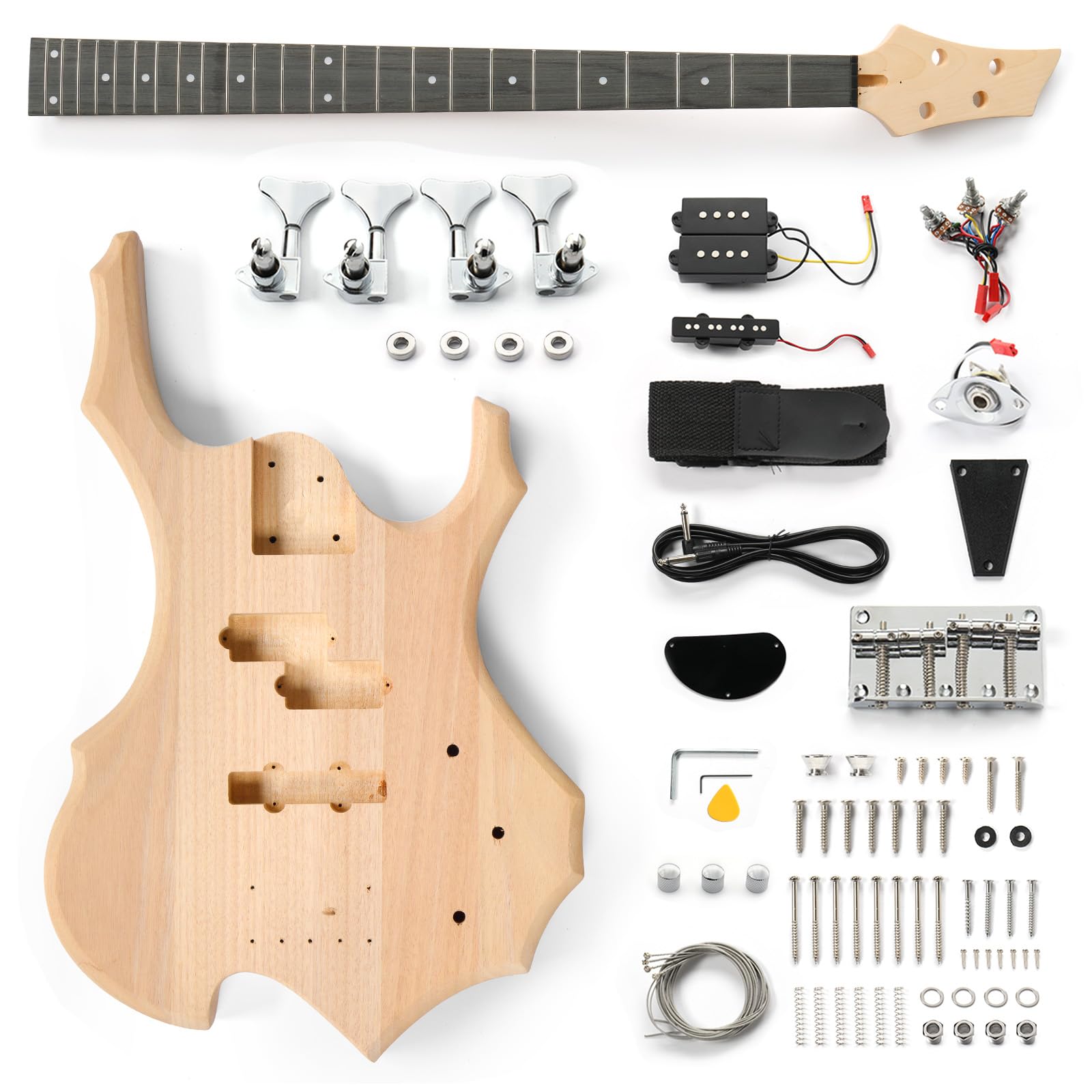 Ktaxon DIY Electric Bass Guitar with Mahogany Body, Ebony Fingerboard and Maple Neck, All Components Included Build Your Own Electric Guitar(FLAME)
