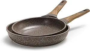 CAROTE Nonstick Frying Pan Skillet,Non Stick Granite Fry Pan Egg Pan Omelet Pans, Stone Cookware Chef's Pan, PFOA Free,Induction Compatible, Brown, 9.5"+11"