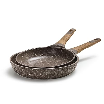 CAROTE Non Stick Frying Pan Skillet Set, Omelet Pan, Healthy Non Toxic Granite Chef Pan, Induction Compatible Egg Frying Pan with Heat-Resistant Handle, PFOA-Free,Brown,9.5"+11"