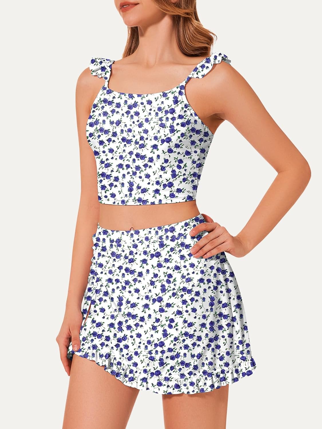 Tankini Swimsuits for Women Two Piece Suit with Skirt Tummy Control Bathing Suits Floral Tankini Set with High Waist