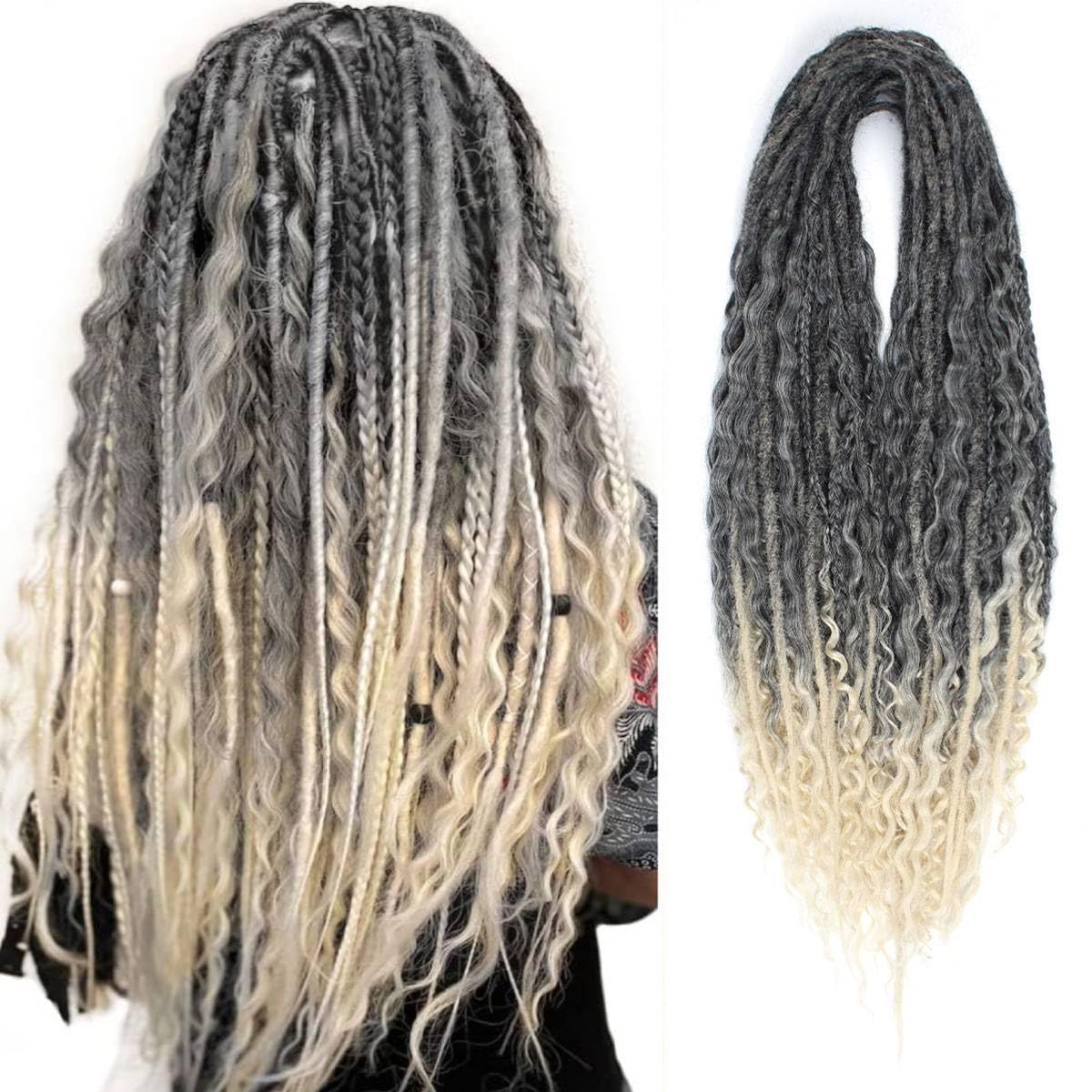 Pouweney 24 Inch 3 In 1 Dreadlock Extensions Sets, 30 Strands Mixed Gray to Blonde Synthetic DE Dreads Extensions, 100% Handmade Soft Double Ended