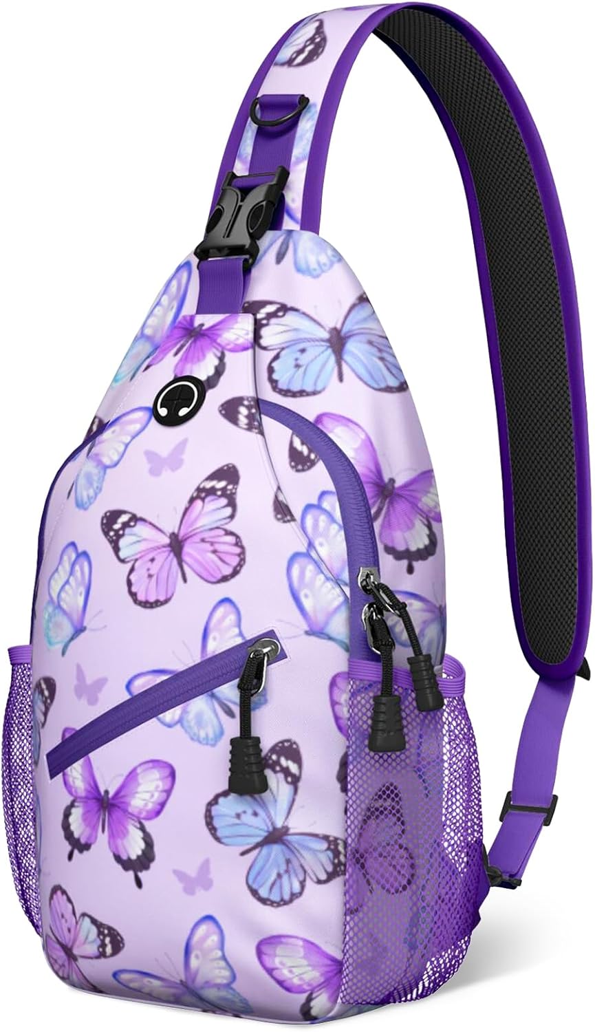 xspgrnm Purple Butterfly Sling Bag Crossbody Chest Bag for Women Men, Water Resistant Lightweight Casual Crossbody Bag with Adjustable Strap, Travel Hiking Daypack Shoulder Backpack