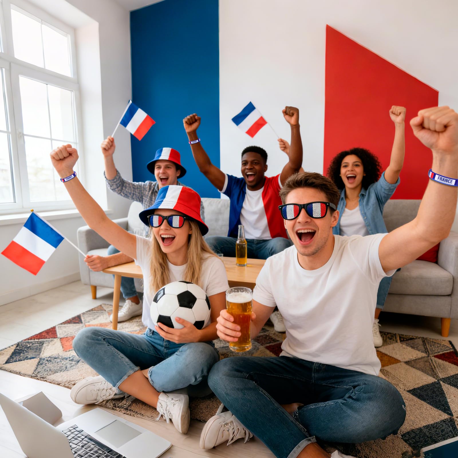 Kit Supporter France pour Grand Événement Football - Accessoires Football 6 Pièces incluant Chapeau de pêcheur Polyester, Lunettes Drapeau, 3 Pavillons à Main et Bracelet Tricolore pour Fan de Foot