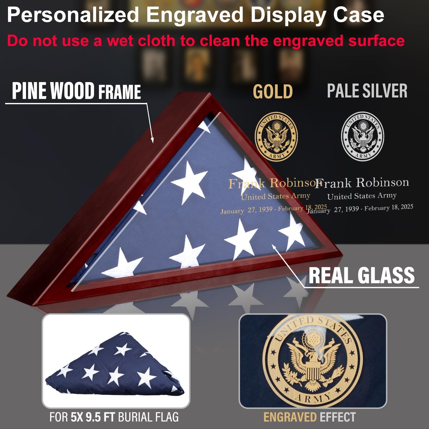 XIFAN Flag Case for Burial Flag Custom Engraved Military Flag Display Case Fits 5' x 9.5' Folded Veteran Flag Real Glass Pine Wood Flag Box Display Case Memorial Flag Case for Wall or Tabletop