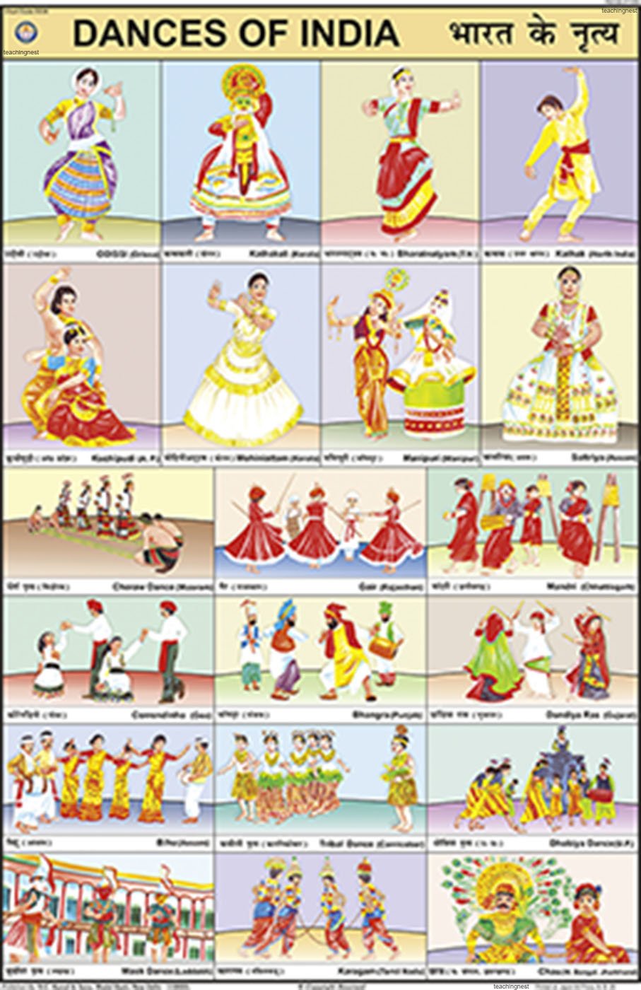 CC20 | TeachingNest | Dances of India Chart (50x75cm) | Charts For Children | With Rollers | English - Hindi Combined [Wall Chart] teachingnest Wall Chart – 1 January 2015