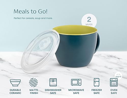 Miniatura 5 de KooK Juego de tazas de cerámica para sopa con tapa y asas, cuencos de 25 onzas aptos para microondas para cereales, avena nocturna, café, uso de
