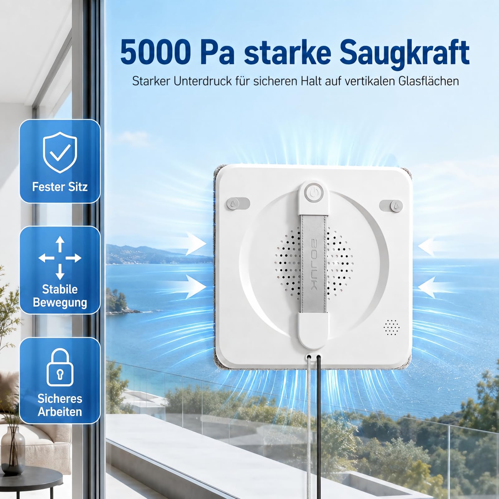 Fensterputzroboter mit 5000Pa Saugkraft & 4-Düsen Sprühsystem | Intelligenter Fensterroboter mit Automatischer Wassersprühfunktion & Kantenerkennung, 3 Reinigungsmodi