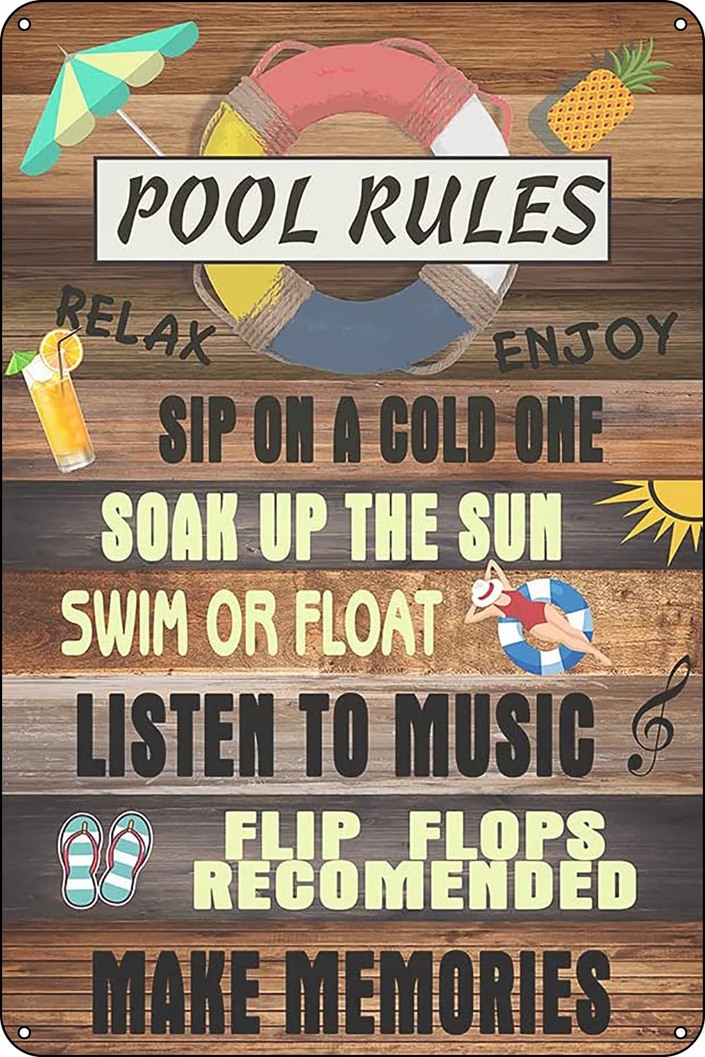 Pool Rules Metal Tin Sign Poster Yard Art Wall Decor Man Cave Indoor & Outdoor Decor 8x12 Inch