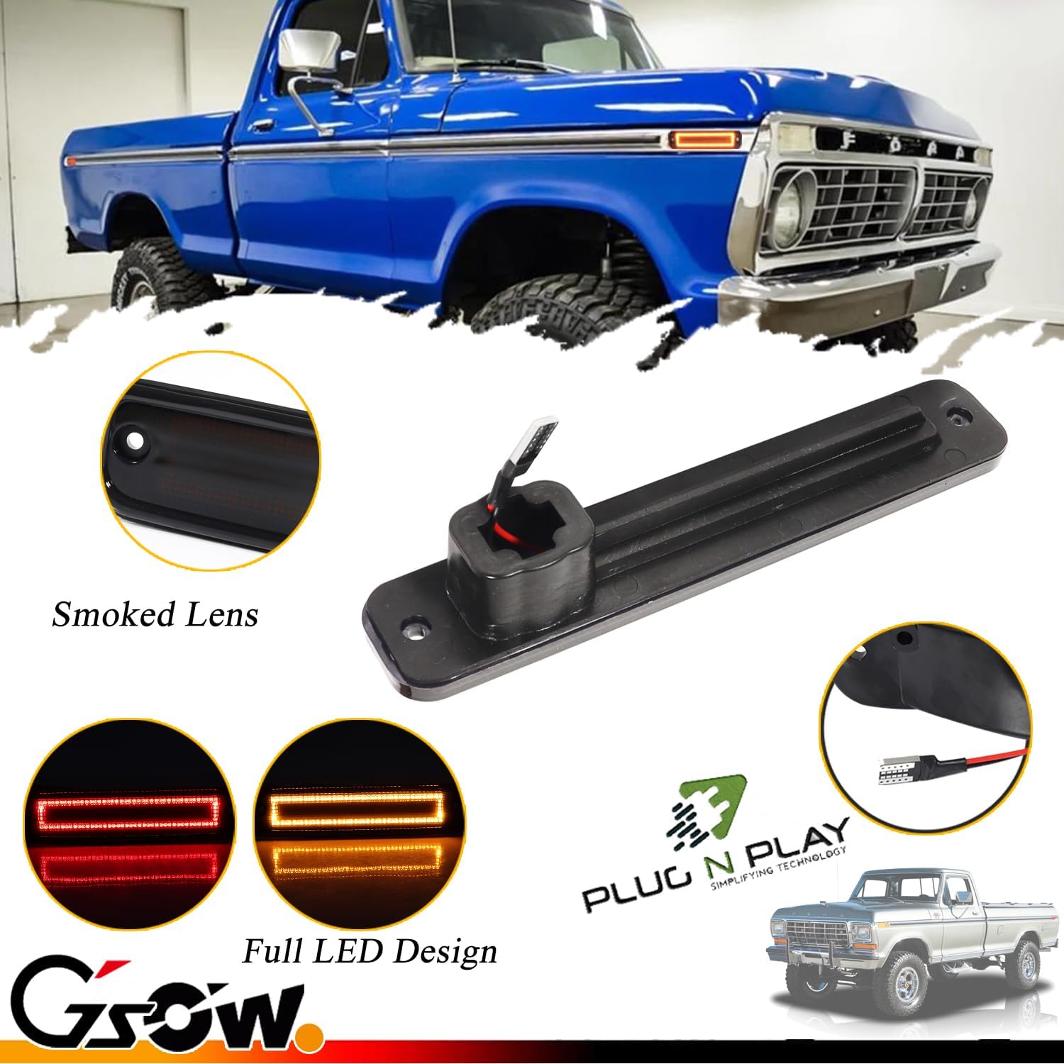 4 PCS Amber & Red LED Side Marker Lights for 1973-1979 F'ord F100 F150 F250 F350, 1975-1991 E100 E150 E250 E350, Smoked Lens Front Rear Side Fender Lamps