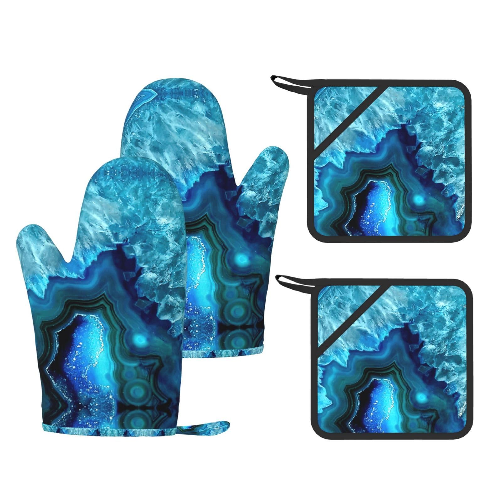Bright Aqua Blue Turquoise Fashion Printed Kitchen Kit with Heat Resistant Oven Mitts & Non-Slip Hot Pads for Baking