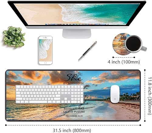 Miniatura 2 de Alfombrilla de escritorio con posavasos, 31.5 x 11.8 pulgadas, XXL alfombrilla grande para mouse con base antideslizante y borde cosido para el