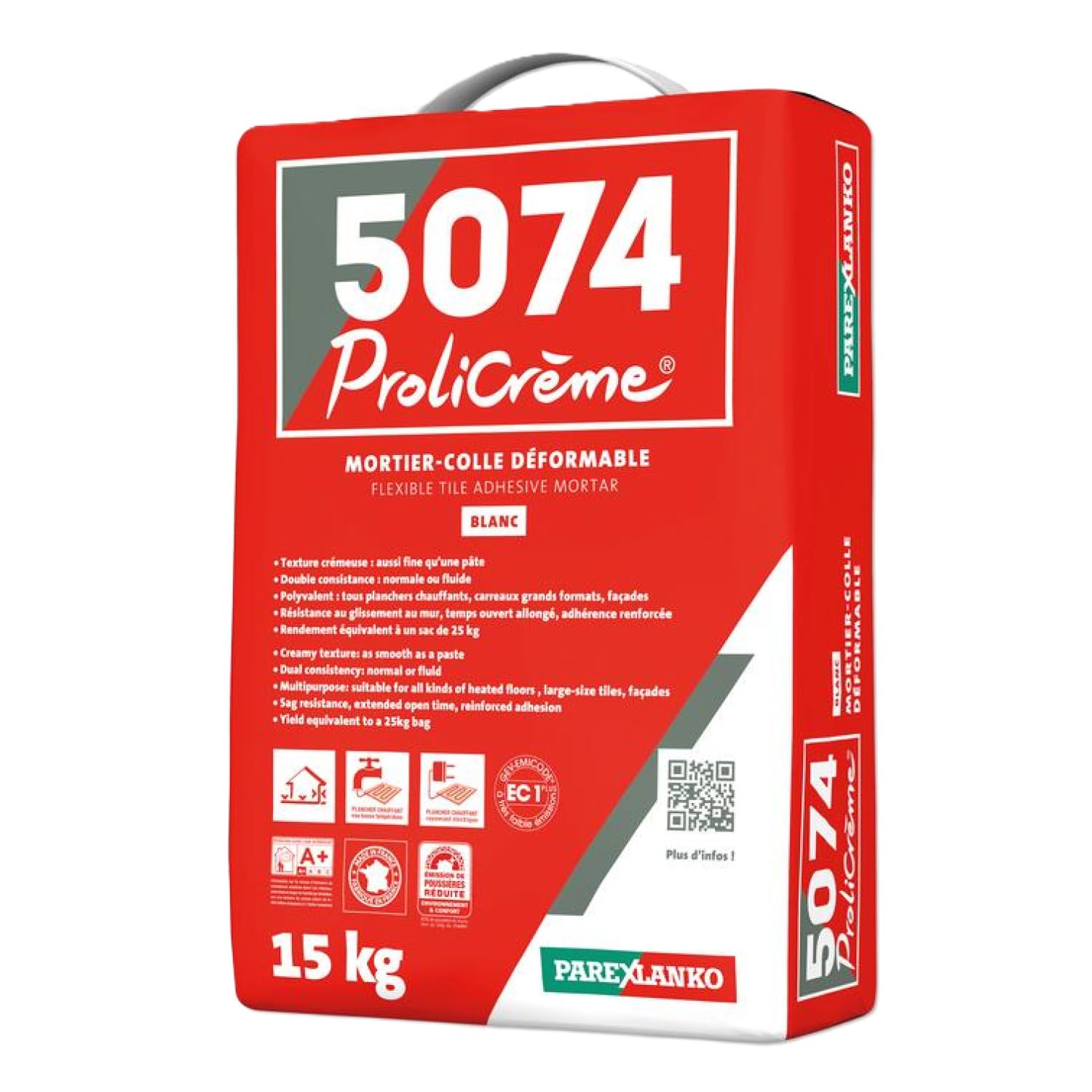 PAREXLANKO - Colle carrelage allégé - 5074 PROLICRÈME - Blanc - 15kg | Polyvalente murs, sols et façades - Grands carreaux - Compatible plancher chauffant - Intérieur/extérieur