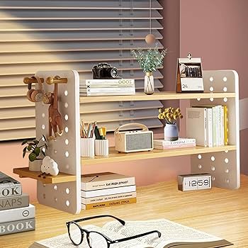 Amazon｜テーブルの上に2階建ての小型本棚、 オフィスデスク多層