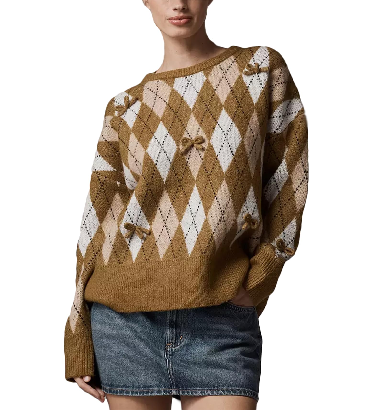 Thopavenoir Women Y2k Argyle Plaid Sweater Vintage Preppy Knitted Shirts Christmas Long Sleeve Aesthetic Baggy Pullover Tops