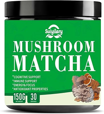 Mushroom Matcha, Ceremonial Matcha Tea Powder with 7 Superfood Mushrooms, Gluten Free, Taste Great Hot or Cold Matcha Latter - 150g 30 Serving