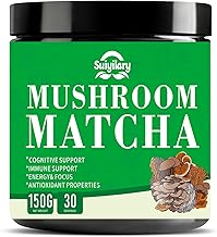 Mushroom Matcha, Ceremonial Matcha Tea Powder with 7 Superfood Mushrooms, Gluten Free, Taste Great Hot or Cold Matcha Latter - 150g 30 Serving