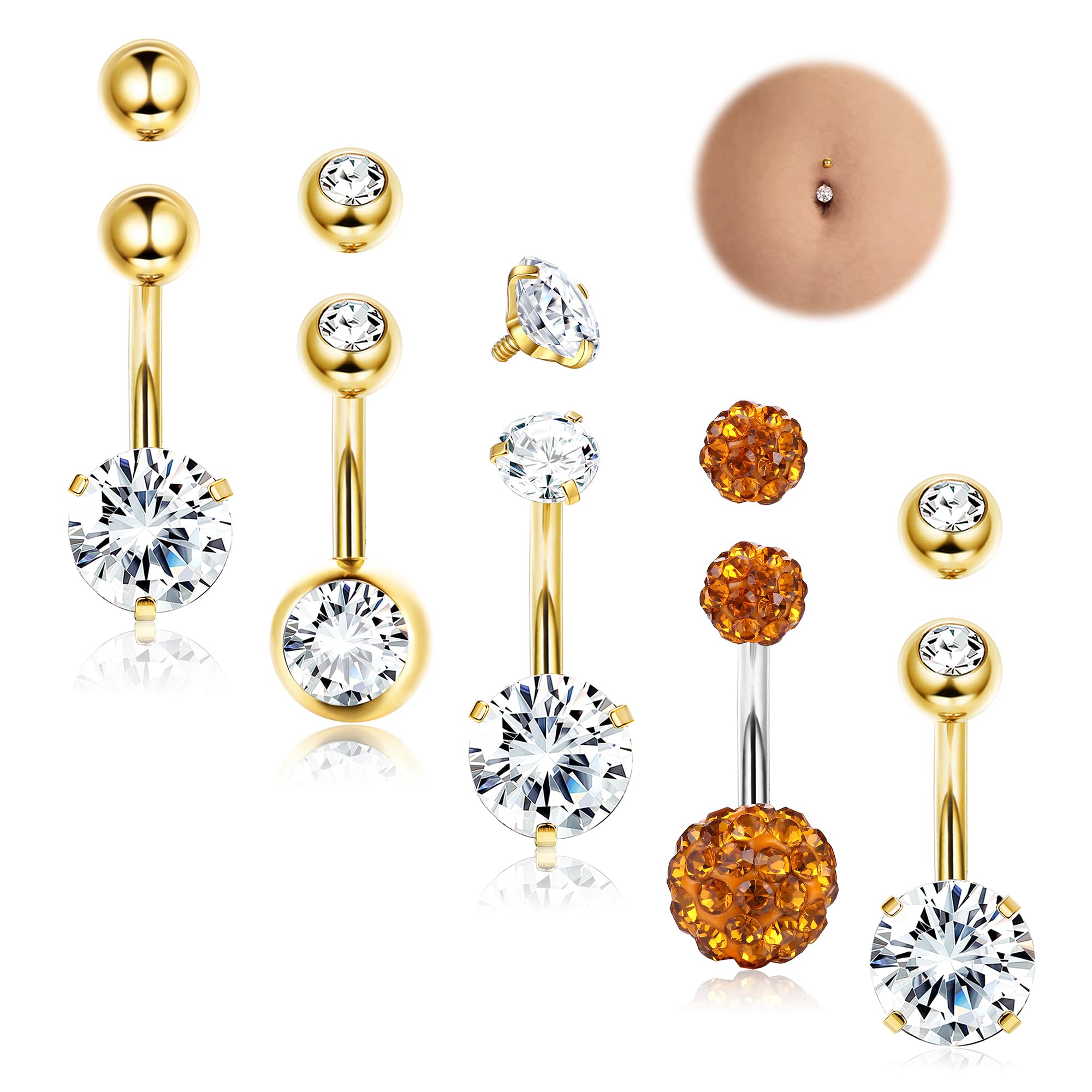Diamday 14G Piercing Ombligo Acero Quirúrgico Oro/Plata Piercing Ombligo Barras CZ Barras de ombligo para Mujeres 5Pcs Paquete de Bolas Extra de Repuesto