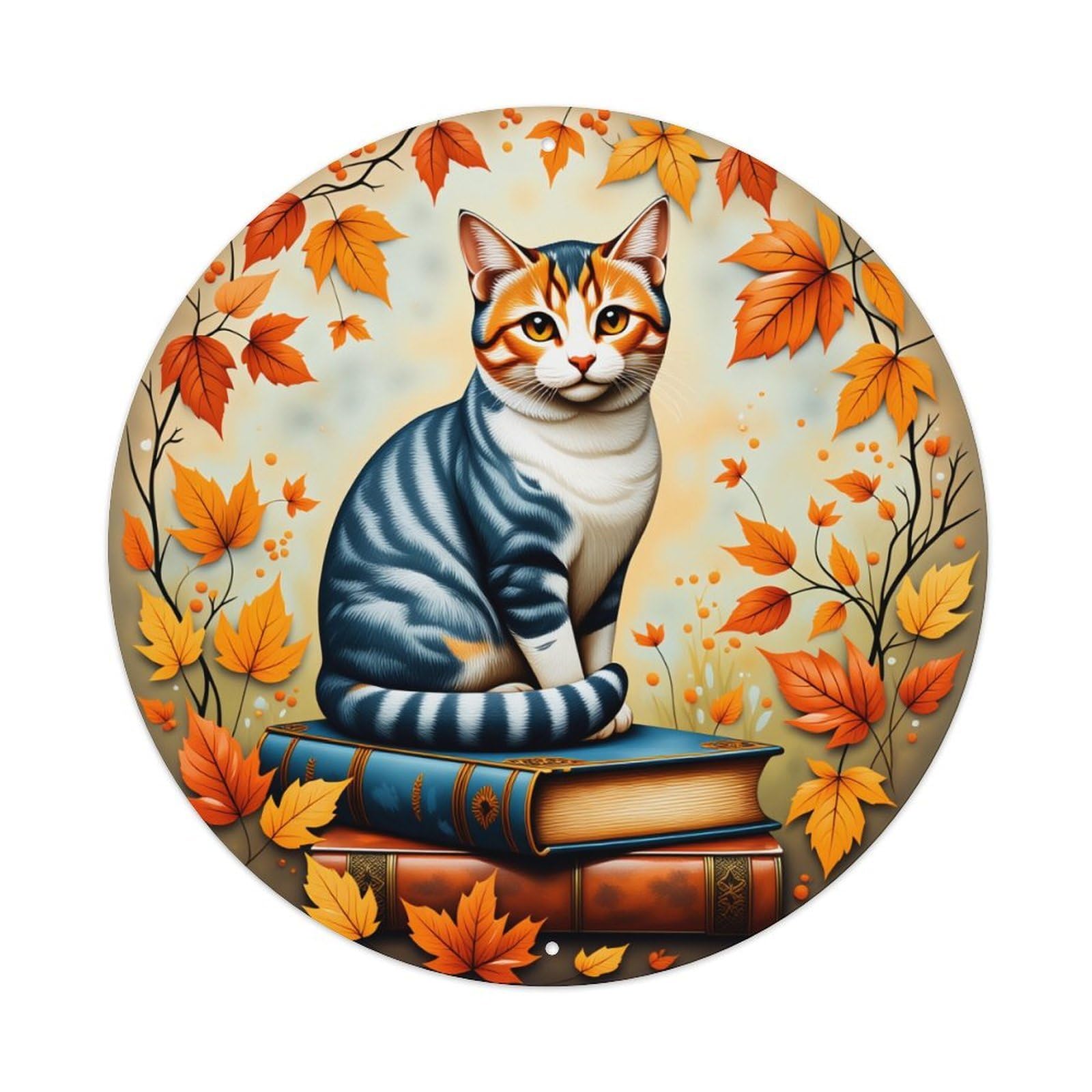 Autumn Leaves Cat Books Circle Vintage Metal Tin Sign Retro Wall Decor for Home Bar Garage Cafe, Indoor & Outdoor Decorative，circle Metal Poster, 8x8 Inch