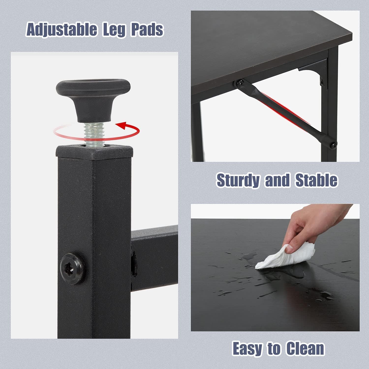 Computer Desk, 47'' Study Writing Table with Adjustable Feet, Large Office Desk with Metal Legs, Modern Steel Frame Wood Study Desk for Home Office, Black