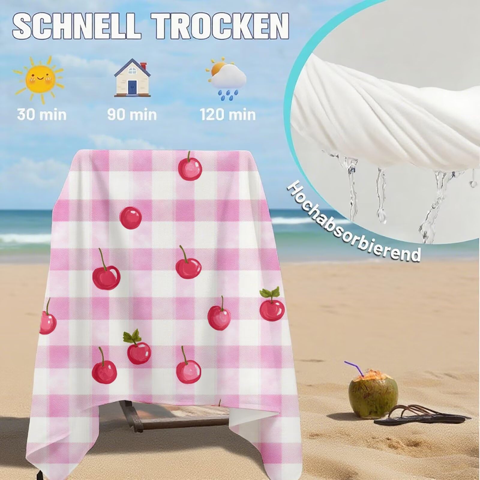 Mikrofaser Strandtuch 180x100 cm, Strandtuch Tartan Sandfrei, Schnelltrocknendes und Strand Sonnenschutz Funktion Mikrofaser Handtuch groß für Badezimmer Strand Schwimmen Camping Strand Zubehör Q-188