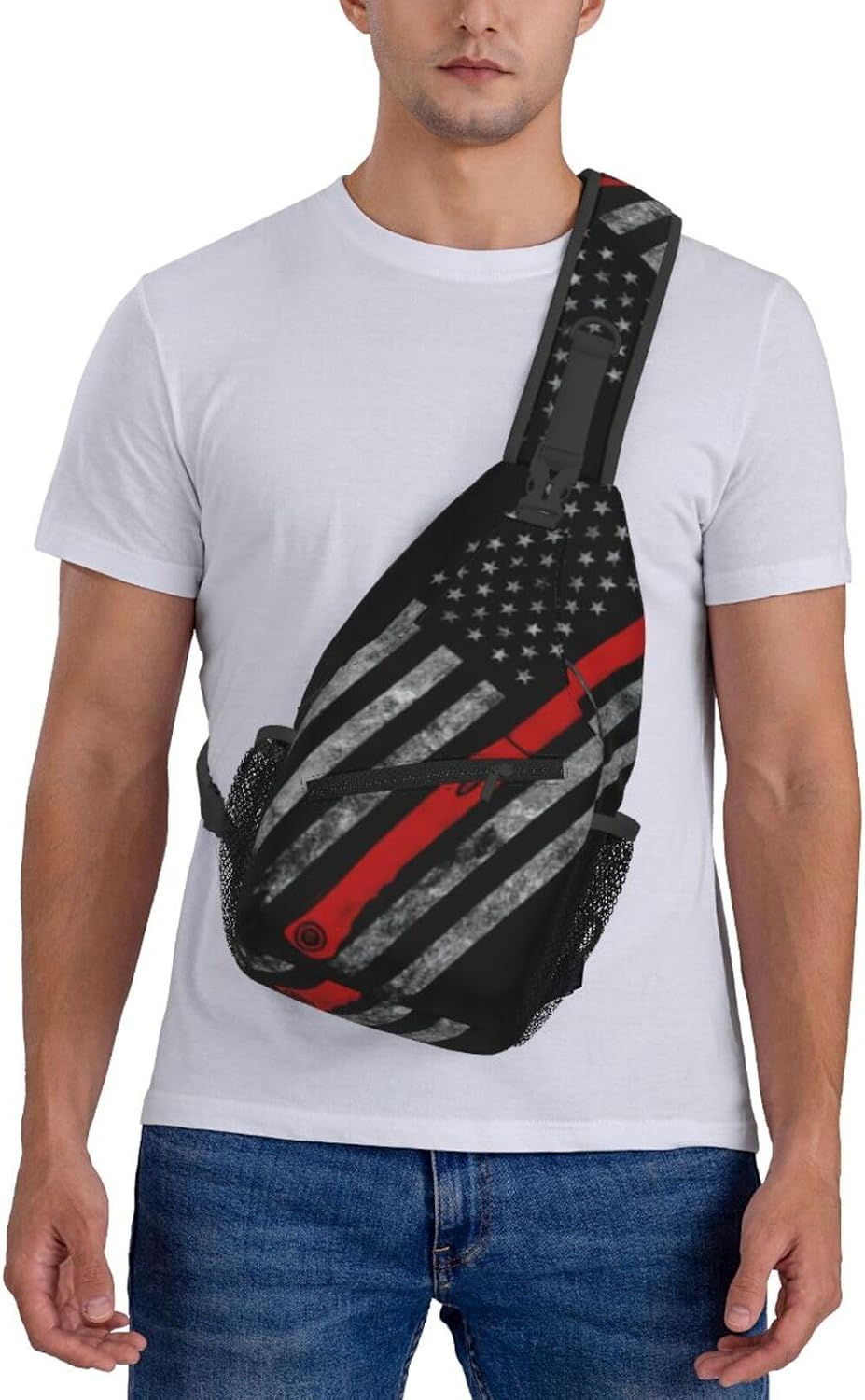 Durable Lightweight Firefighter Axe Red Line Flag Print Cross chest bag diagonally for Travel Commute Daily Use
