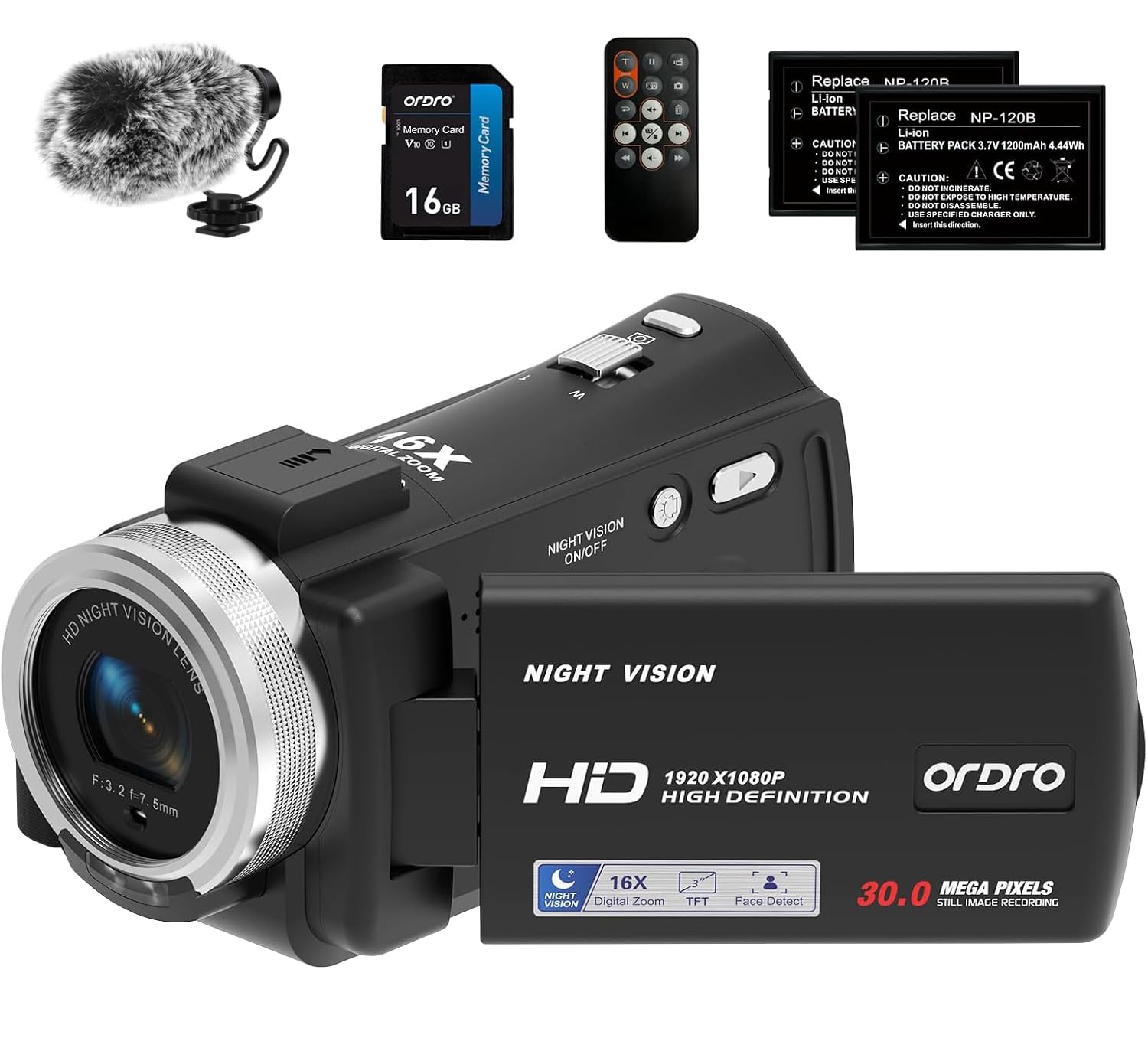 ORDRO Cámara de video con visión nocturna IR, videocámara 1080P, cámara de vlogging con zoom digital 16X con luz de visión nocturna, grabadora de video con luz y 2 baterías, control remoto