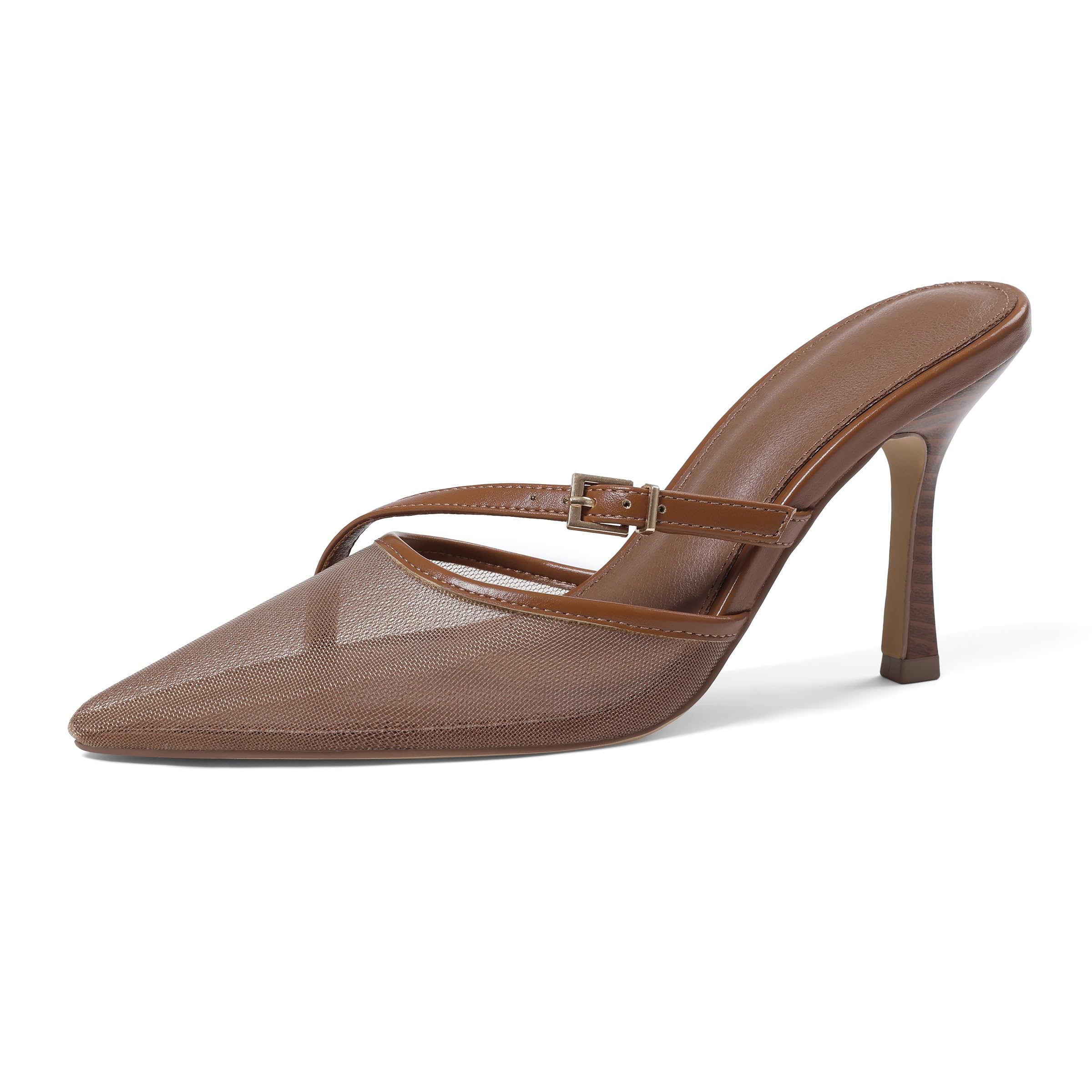 Photo 1 of femflame Mesh Kitten Heels Mules for Women Brown Stiletto Heels Pointed Toe Dress Sandals Summer Slingback Ladies Pumps Slip on Shoes for Wedding Party Daily Dressy